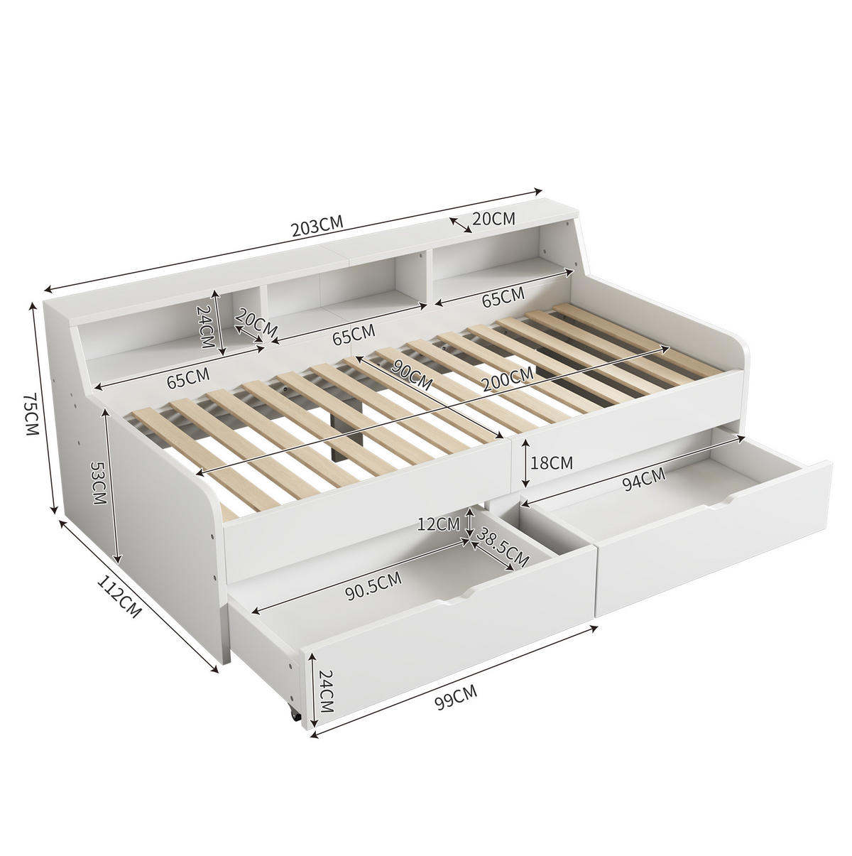 TAGESBETT aus Kiefernholz und MDF 90x200 cm Weiß mit 2 Schubladen und Ablagefächern - Weiß, Holz (90/200cm) - IVMEU