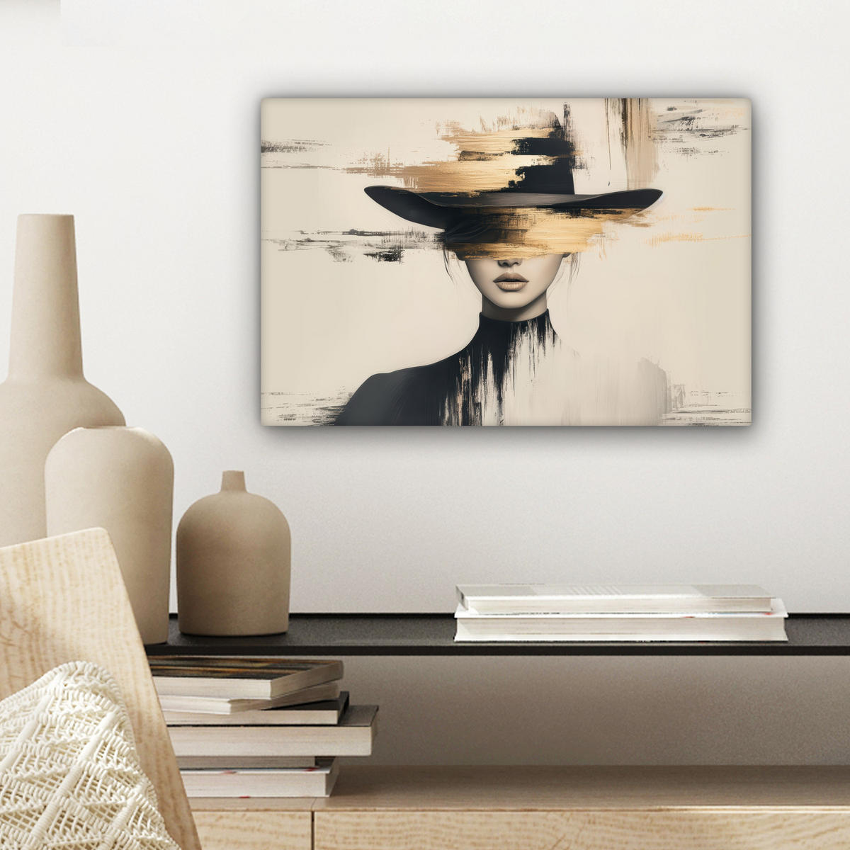 LEINWANDBILD Frau - Hut - Farbe Deko Schlafzimmer 30x20 cm - Goldfarben, Textil (30/20cm) - MuchoWow