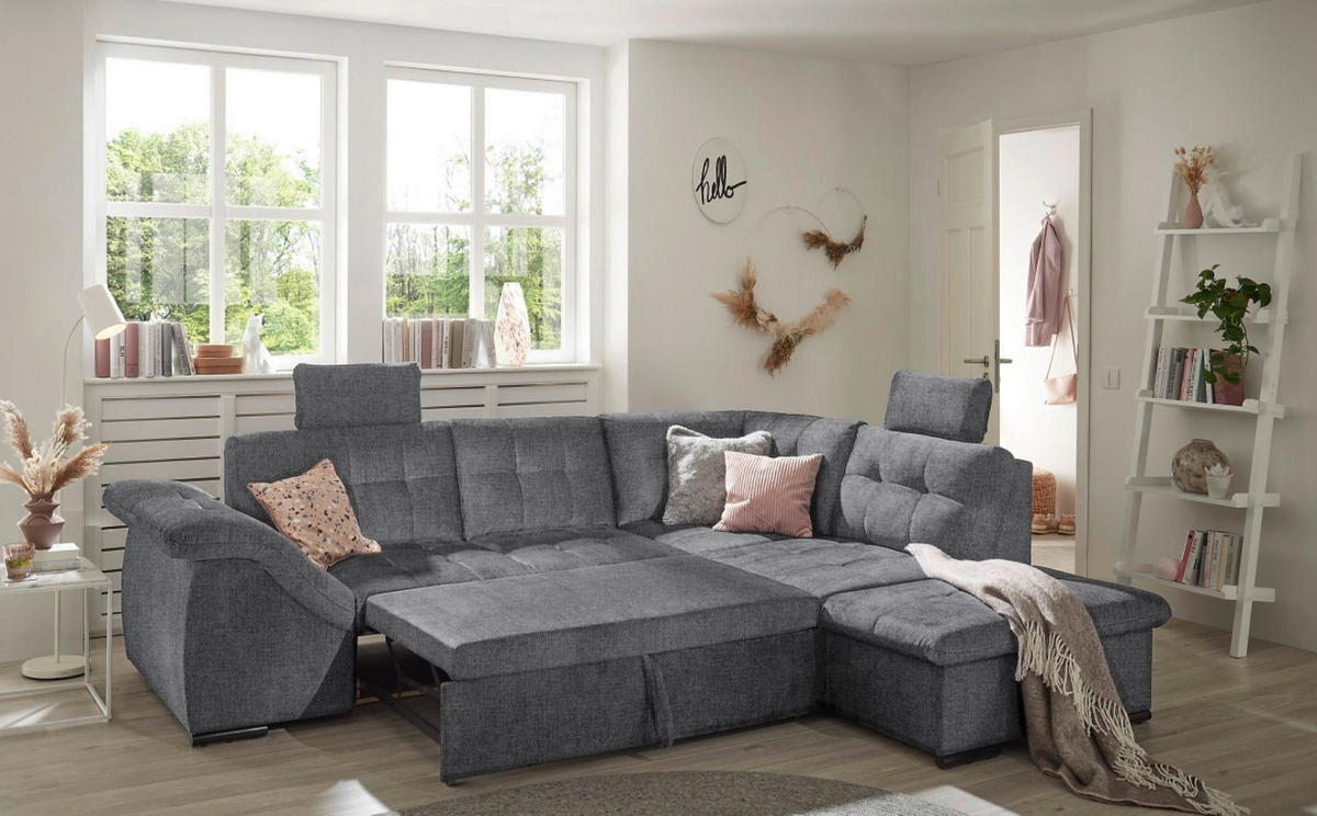 ECKSOFA mit Schlaffunktion und Bettkasten, verstellbare Armlehnen - Anthrazit, Textil (283/217cm) - ed exciting design