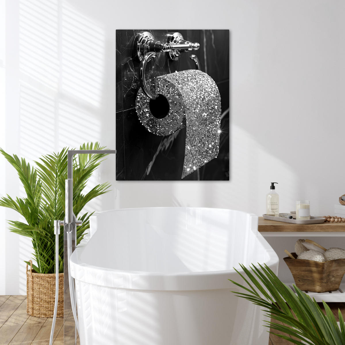 LEINWANDBILD WC - Toilettenpapier - Schwarz und weiß - Glitter 60x80 cm - Silberfarben, Textil (60/80cm) - MuchoWow