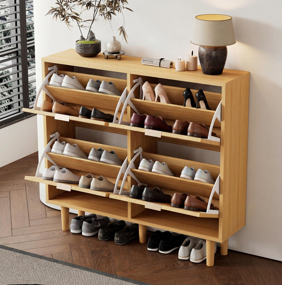 SCHUHSCHRANK 100/25/90 cm in Eichefarben mit Rattanfronten und 4 Klappen - Naturfarben, Holzwerkstoff (100/90/25cm) - Flora Grace
