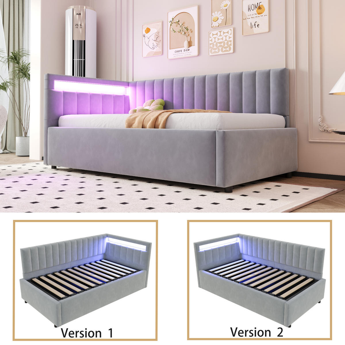 POLSTERBETT 90/200 cm hellgrau aus Samt mit LED und hydraulischem Stauraum - Hellgrau, Textil (90/200cm) - OKWISH