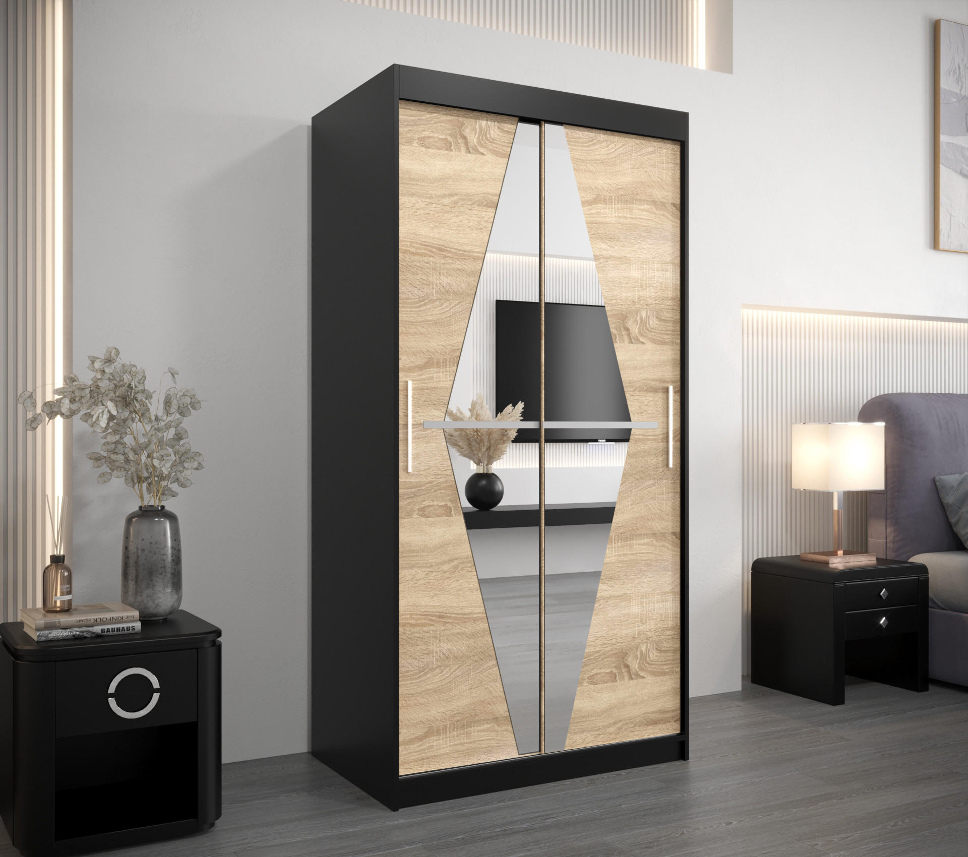 SCHWEBETÜRENSCHRANK 200/100/62 2-türig - Silberfarben/Schwarz, Holz/Kunststoff (100/200/62cm) - Abiks Möbel