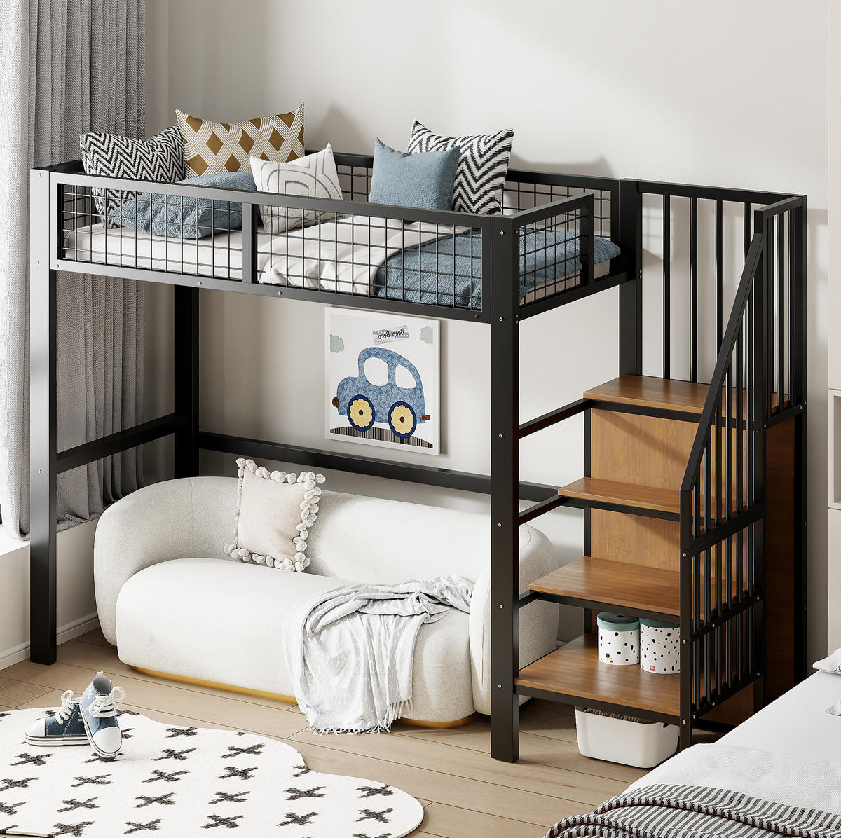 HOCHBETT 90/200 cm aus Metall mit Leiter und Kleiderschrank Schwarz - Schwarz, Metall (90/200cm) - Modenvie