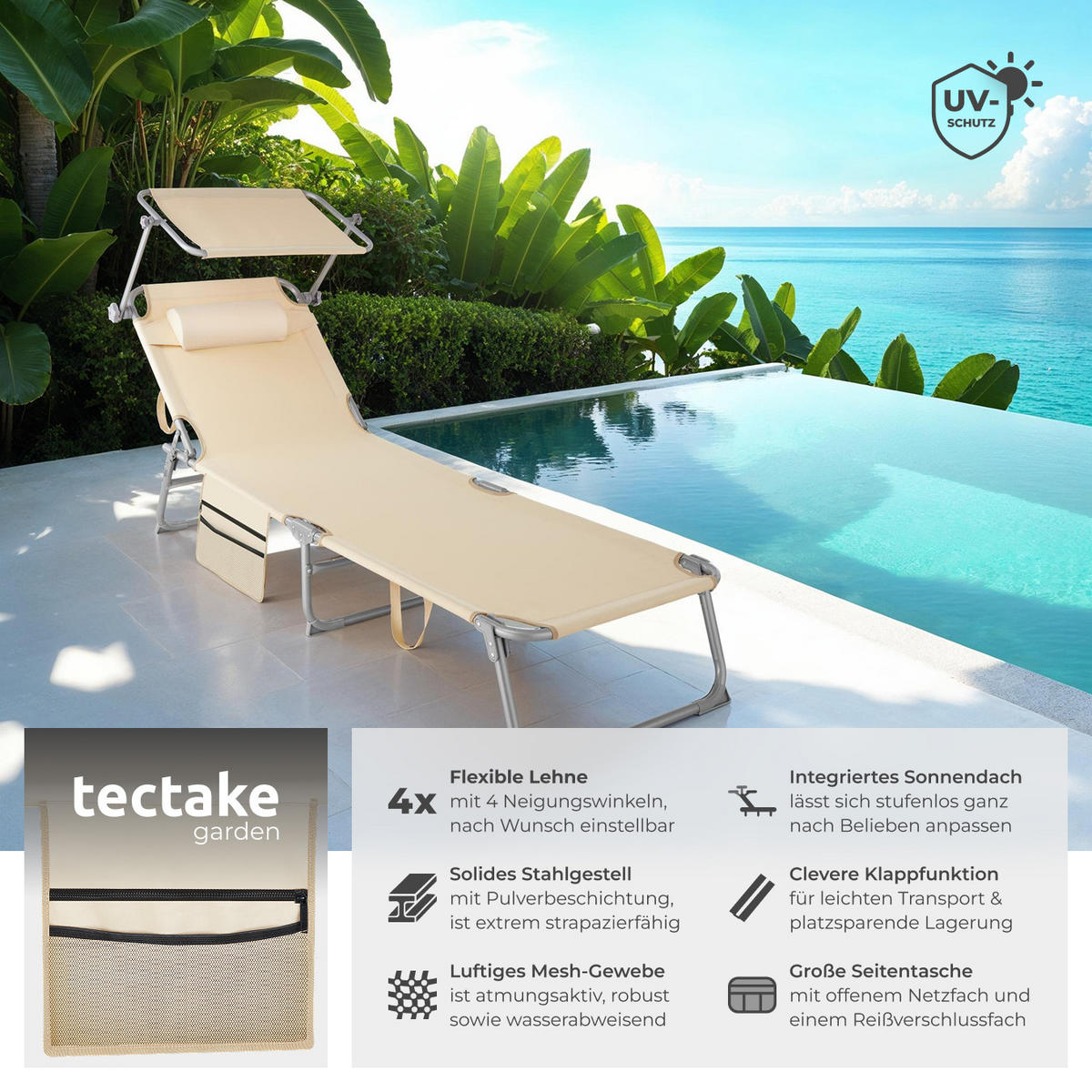 SONNENLIEGE Chloé,190 x 68 x 28 cm, mit Seitentasche,beige - Beige, Kunststoff (68/111/161cm) - tectake