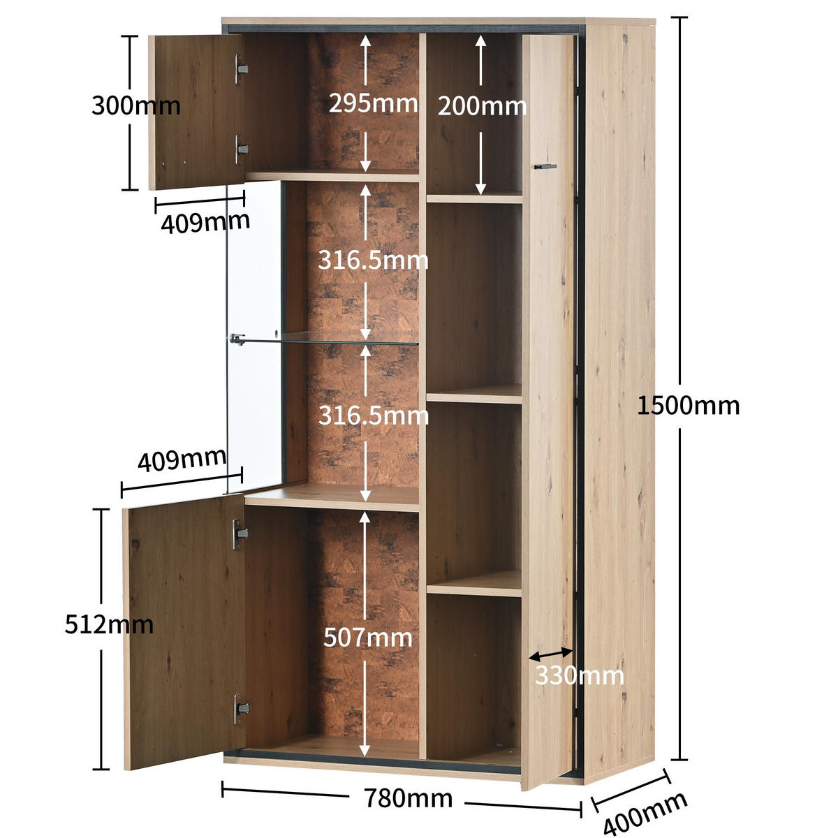 VITRINE-BUFFET Holzeffekt 78/40/150 cm - Braun, Glas/Holzwerkstoff (40/150/78cm) - Urban Meuble