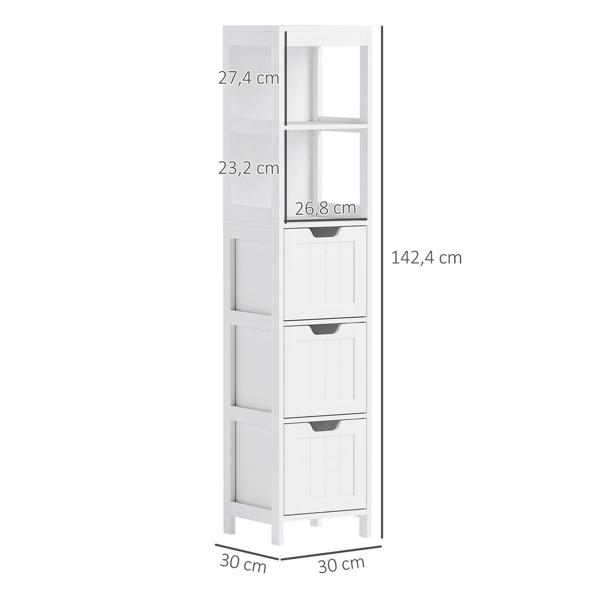 BADEZIMMERSCHRANK Badschrank Bad Hochschrank mit 3 Schubladen, 2 offenen Fächern - Weiß, Holz (30/142.4/30cm) - HOMCOM