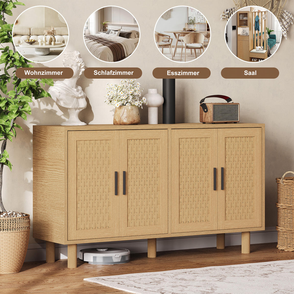 SIDEBOARD 140x40x80 cm Rattan Stauraum natur - Naturfarben, Holz (140/80/40cm) - Fortuna Lai