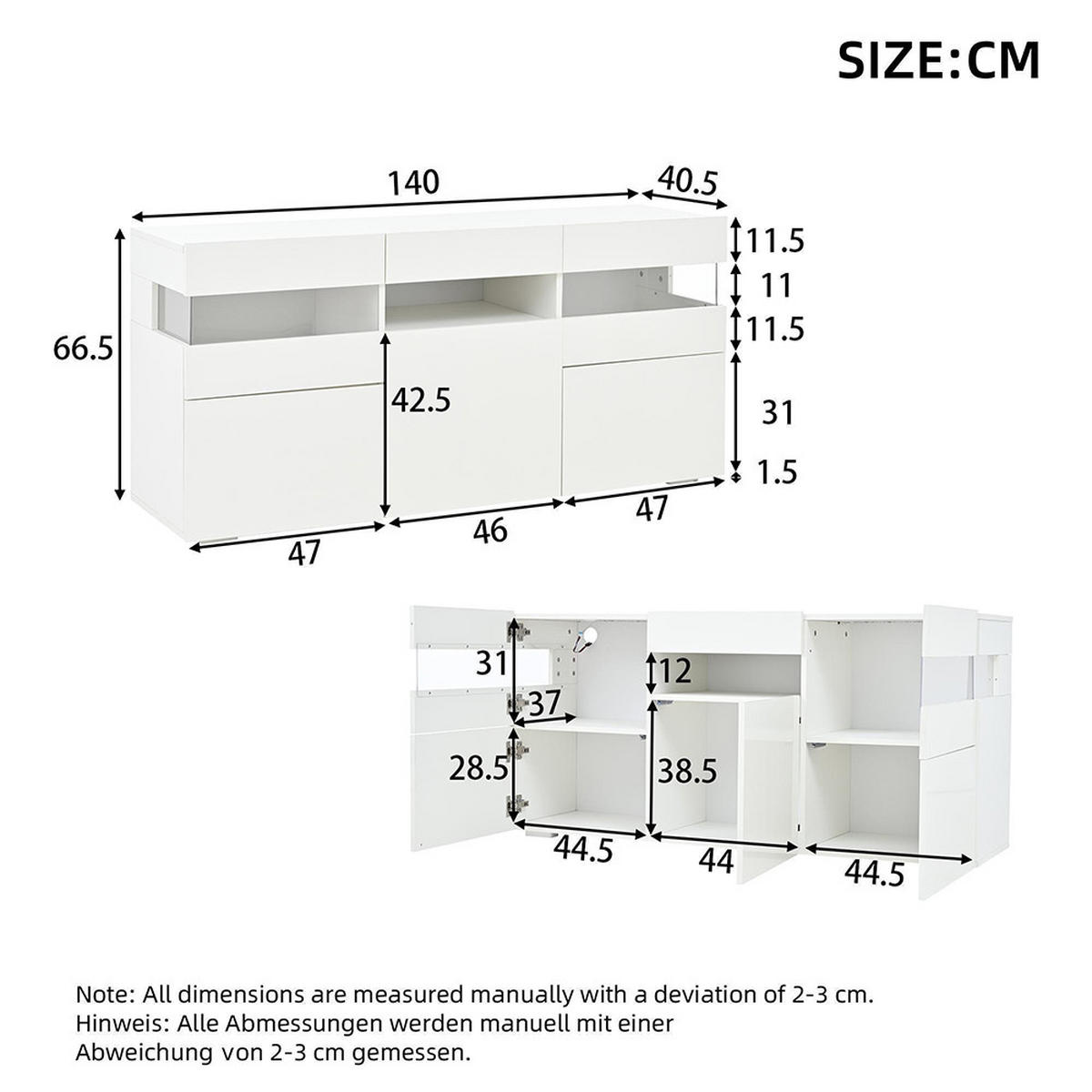 SIDEBOARD 140x40.5x66.5cm mit LED-Lichtleiste,Weiß - Weiß, Holzwerkstoff (40.5/66.5/140cm) - KOMHTOM
