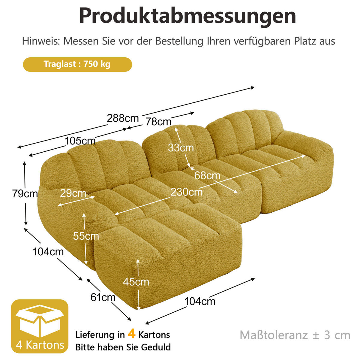 ECKSOFA mit Bezug aus granuliertem Fleece in Gelb 288x165x79 cm, modularer 3-Sitzer mit Ottomane - Gelb, Textil (165/288cm) - IVMEU