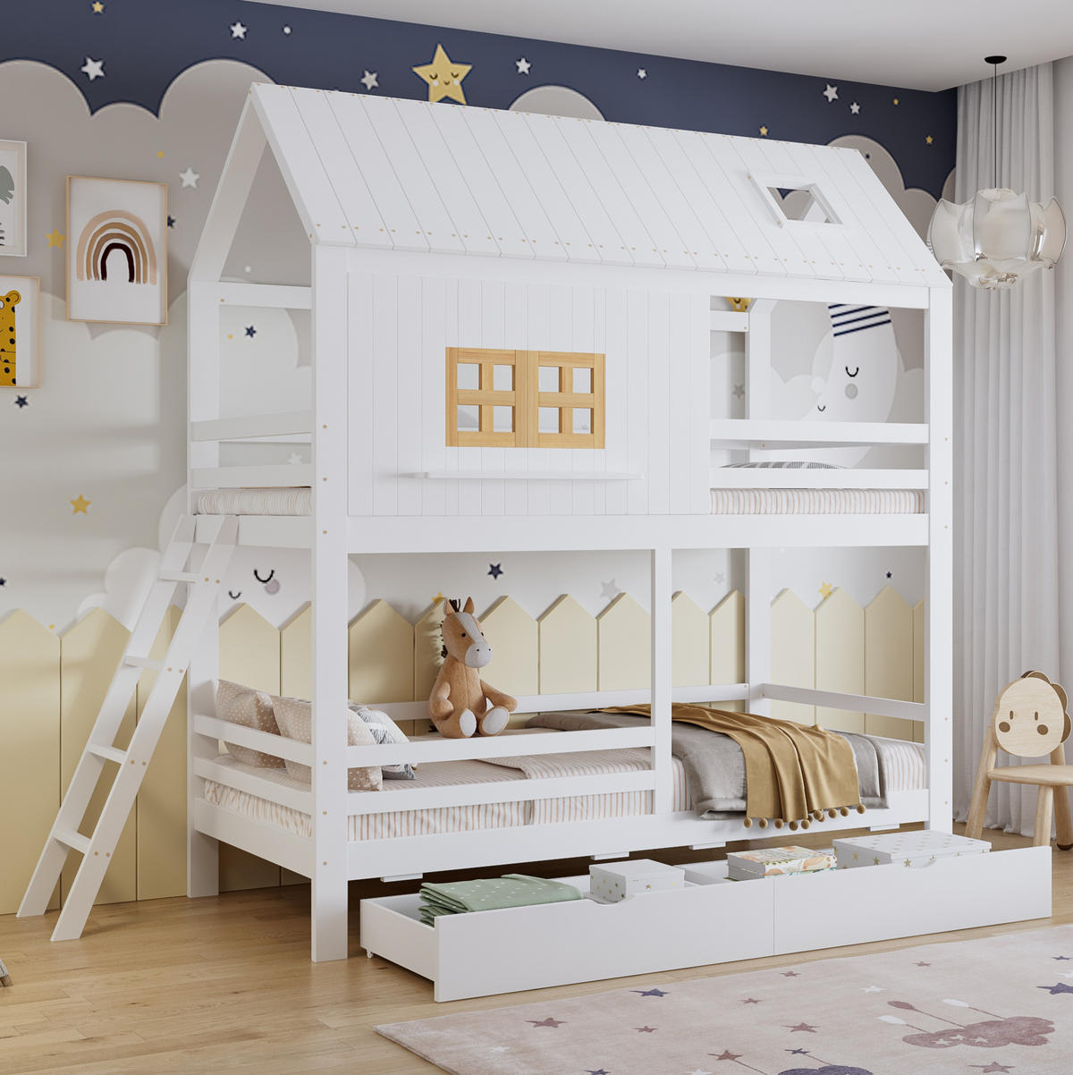 ETAGENBETT aus Kiefer und MDF 90x200 cm Weiß/Natur mit Dach, Fenstern, 2 Schubladen und Leiter - Weiß, Holzwerkstoff (90/200cm) - Modfu