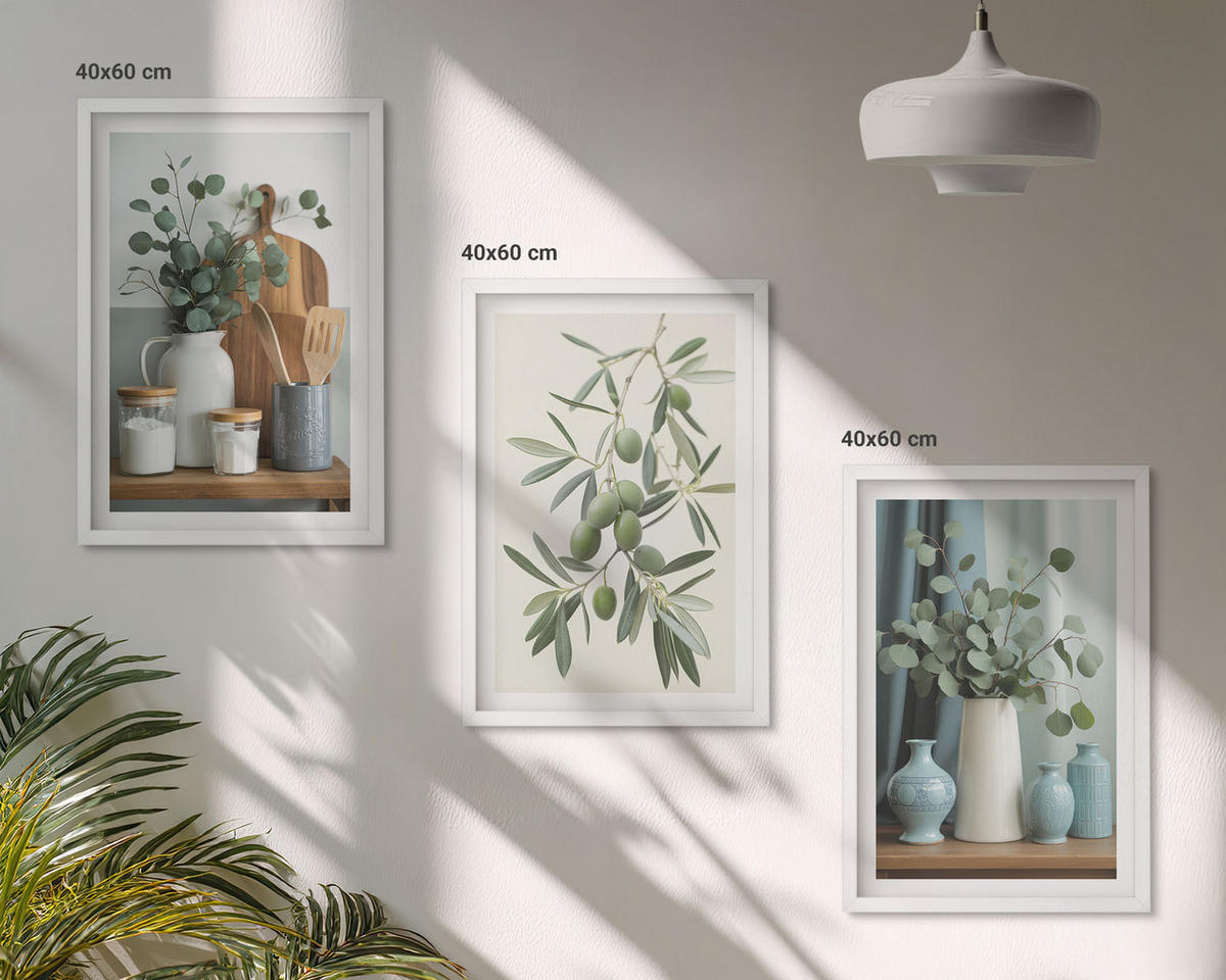 BILDER SET 3er Set - 40x60 cm Weißer Rahmen - Grüne Oliven, Eukalyptus - Weiß, Kunststoff (40/60cm) - TULUP