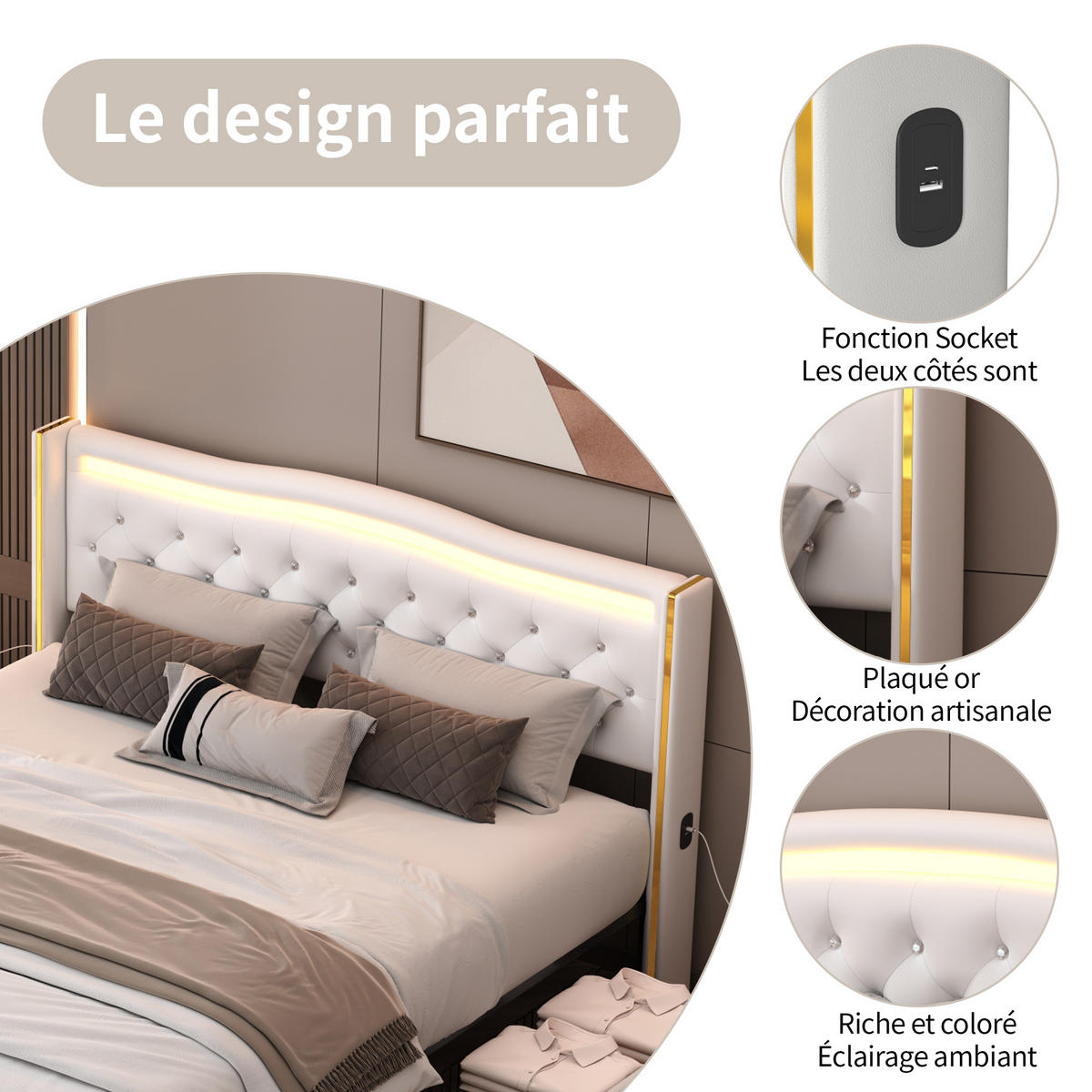 POLSTERBETT 140x200 cm, Weiß, LED-Beleuchtung und USB-Anschlüsse - Weiß, Textil/Metall (140/200cm)
