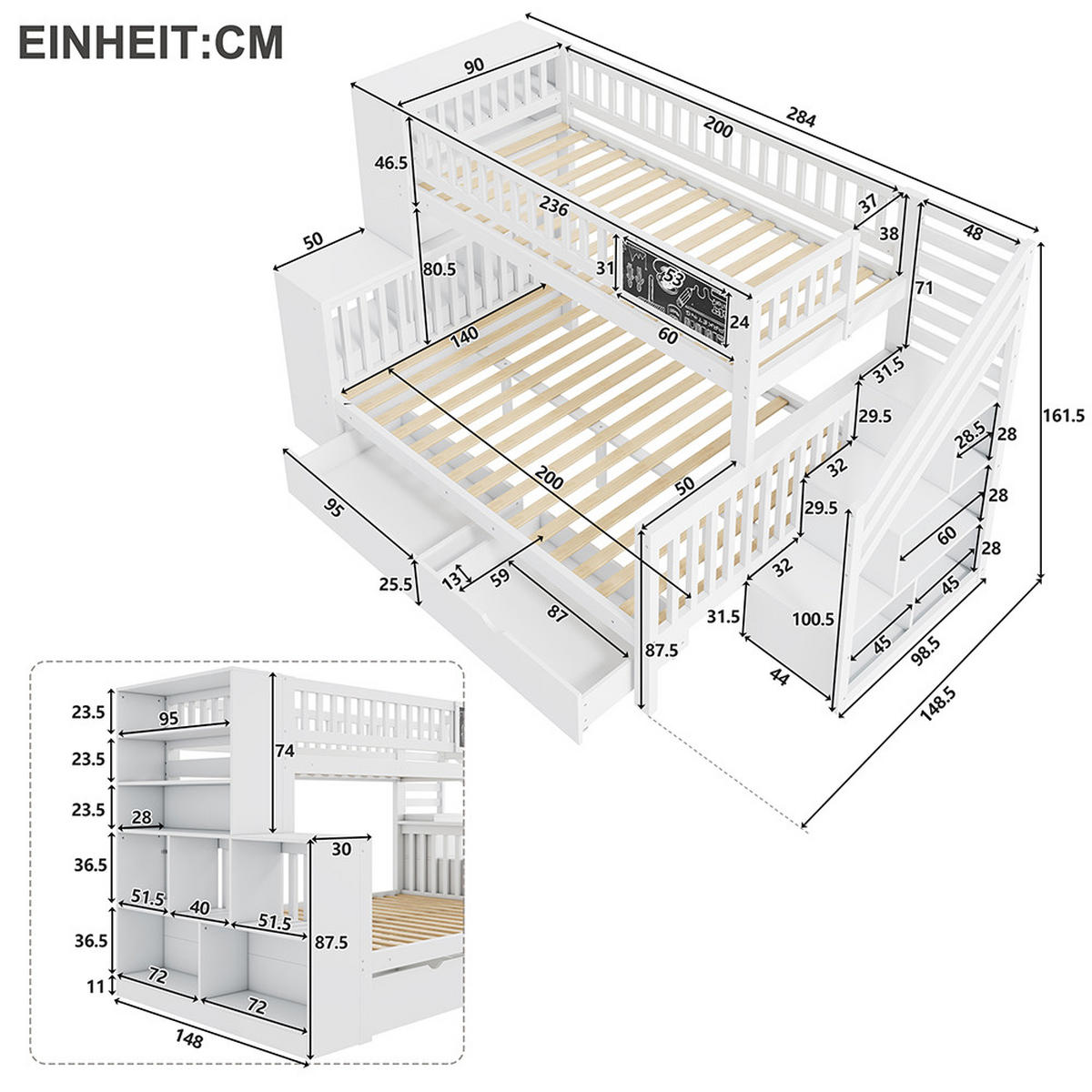 ETAGENBETT 140x200cm & 90x200cm mit Aufbewahrungsschränken in weiß - Weiß, Holz (140/200cm) - KOMHTOM