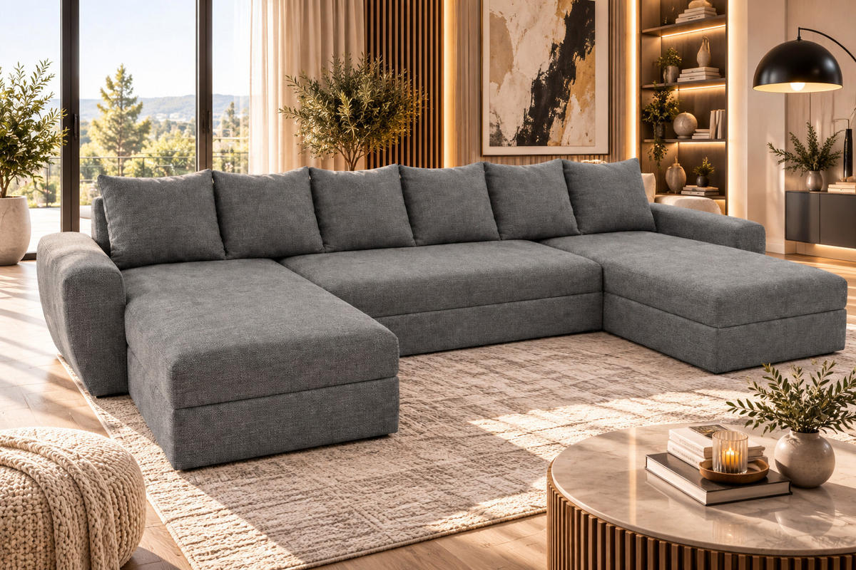 WOHNLANDSCHAFT PUMA U-Form 308 cm mit Schlaffunktion, Bettkasten, Kunstleder-Stoff oder Samt, verschiedene Farben - Schwarz/Grau, Kunststoff (308/85/140cm) - Wohnideebilder