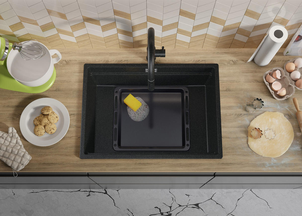 SPÜLBECKEN Praga Slim, 2-er set Anthrazit 66/47 cm 1 Becken + Ablauf-Set + Aufrollbare Abtropffläche ab 70er Unterschrank - Chromfarben/Anthrazit, Kunststoff (66/20/47cm) - Primagran