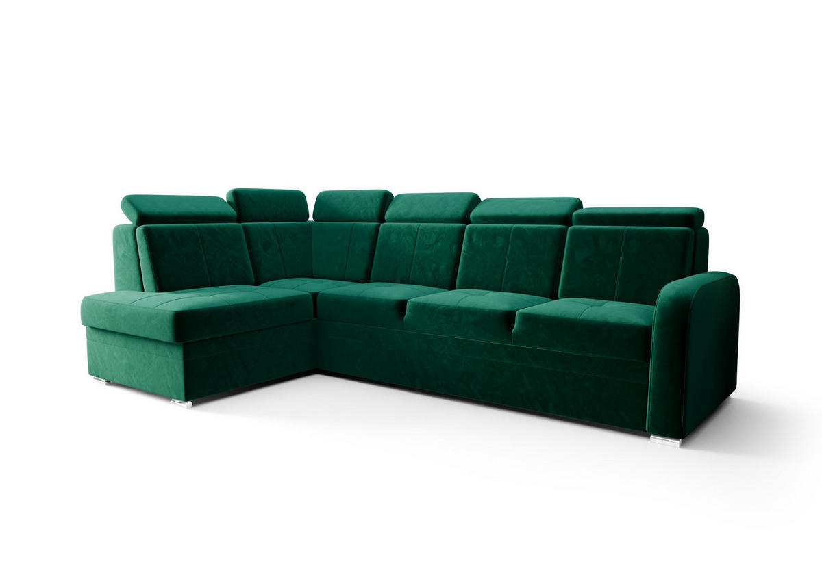 ECKSOFA KONGO RBN11, Eckcouch in L-Form mit Schlaffunktion, Farbe: Grün, Velourstoff, Ottomane Links - Grün, Textil (304/180cm) - O-Sofa
