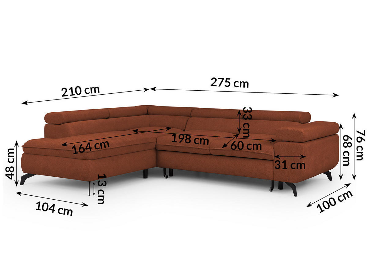 ECKSOFA mit Schlaffunktion und Bettkasten Bonnie aus Terrakotta Chenille-Stoff mit verstellbaren Kopfstützen und Armlehne - Ottomane links - Terracotta/Schwarz, Holz/Textil (275/210cm) - S-Style Möbel