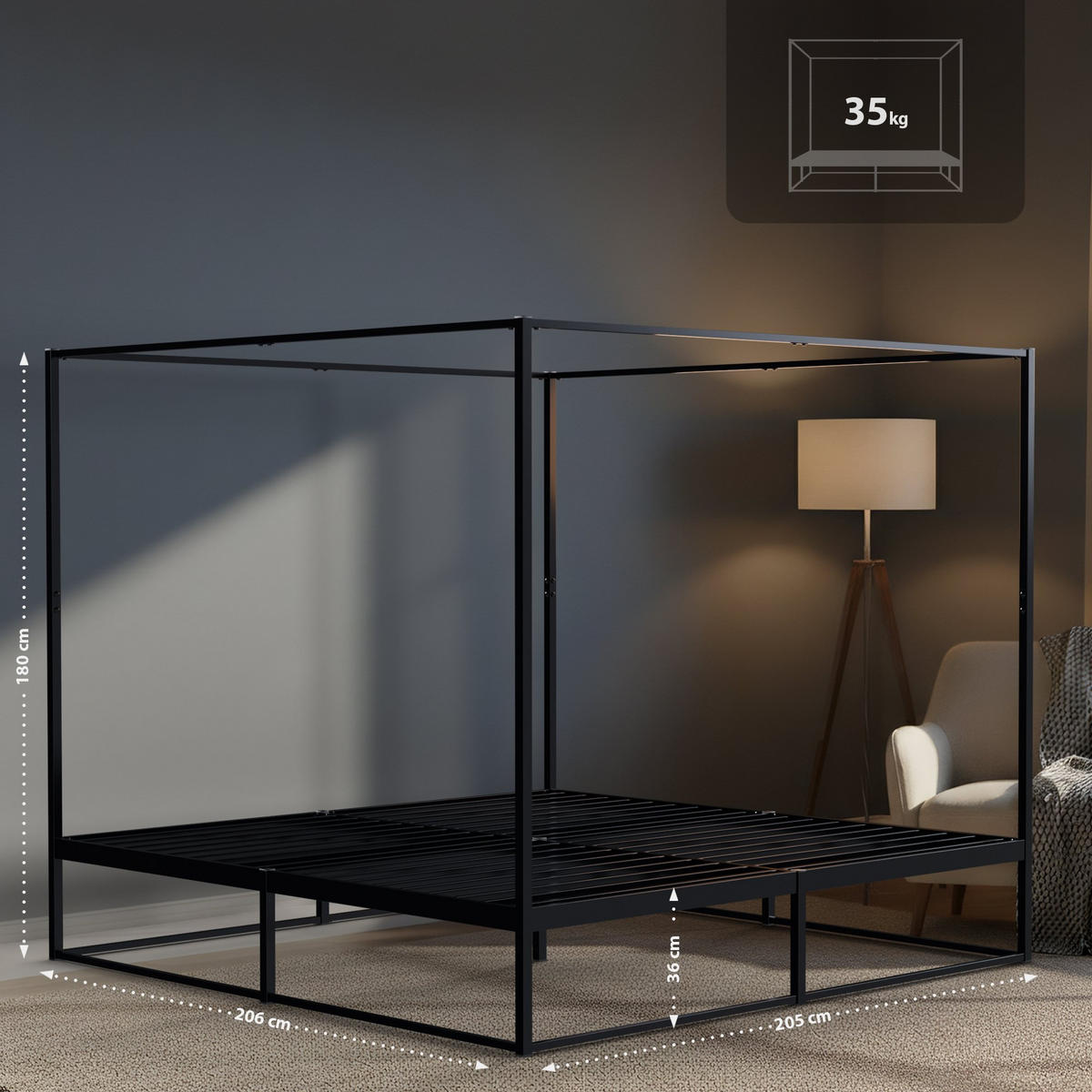 HIMMELBETT Kosan Metall Schwarz Bett 200x200 Schwarz - Schwarz, Metall - DELUKE