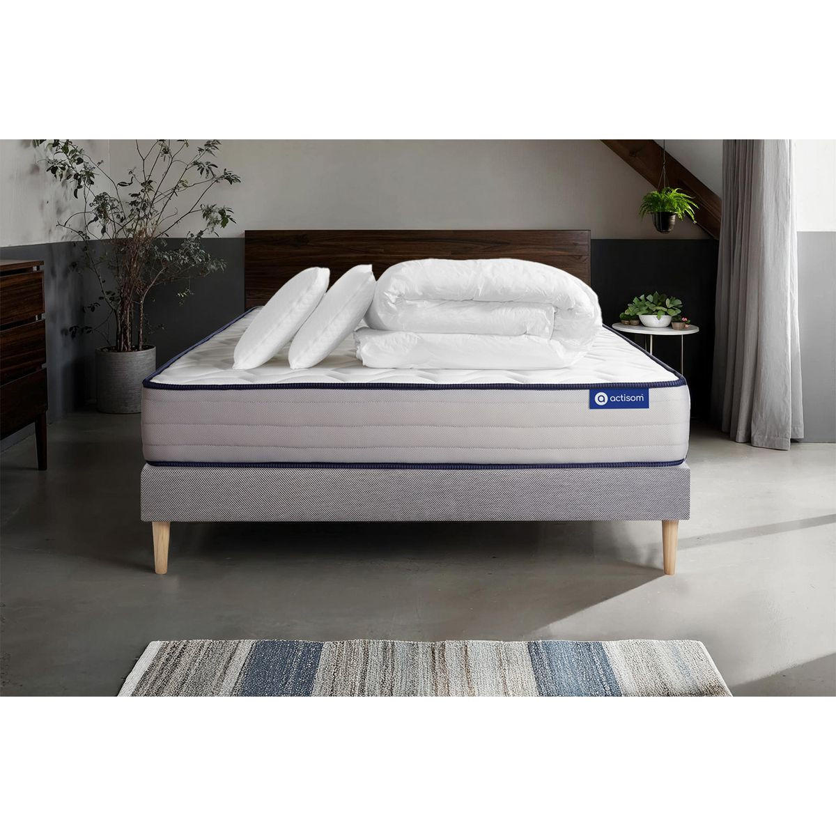 BETT Actimemo form Memory-Schaum 160 x 200 cm h3 - Kit Bettgestell Grau - Mit Kissen und Bettdecke - Beige/Grau, Karton/Holz (160/200cm) - ACTISOM