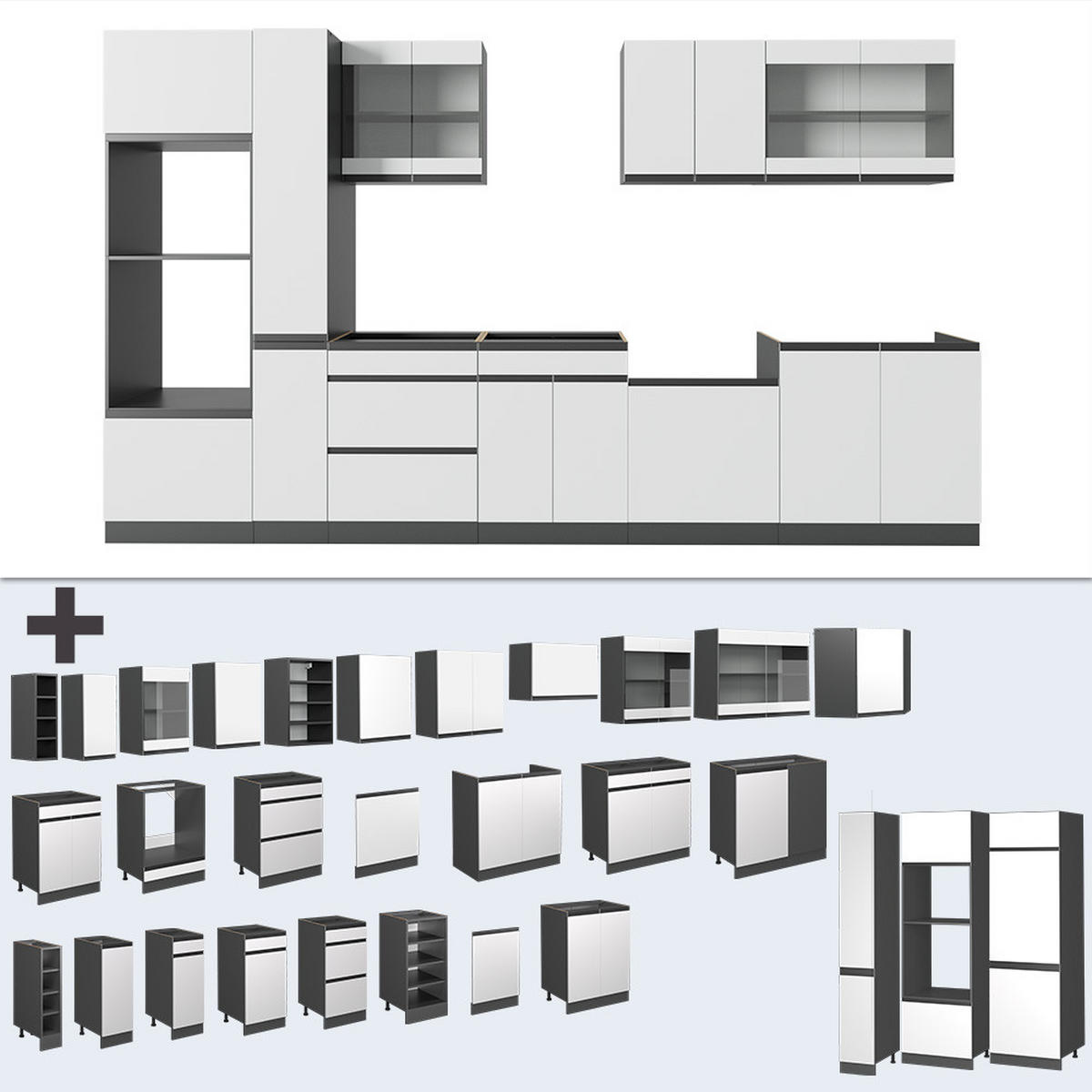 KÜCHENZEILE R-Line Weiß/Anthrazit 350 cm J-Shape mit Hochschrank ohne AP - Anthrazit/Weiß, Holzwerkstoff (350/81.6/46cm) - Vicco