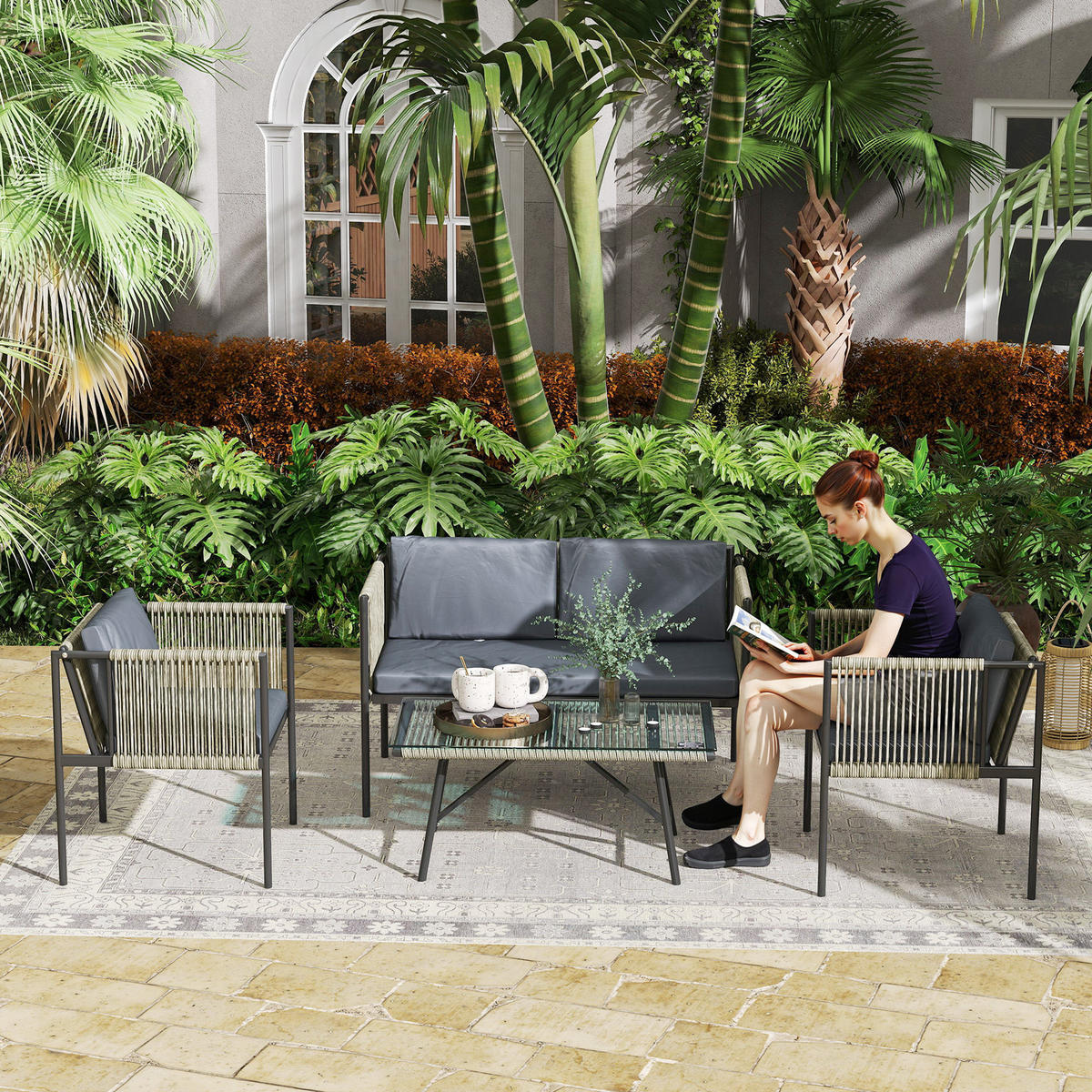GARTENMÖBEL-SET DE-06725 4-teilig mit Glasplatte Grau - Grau, Kunststoff/Metall - ComfortXL