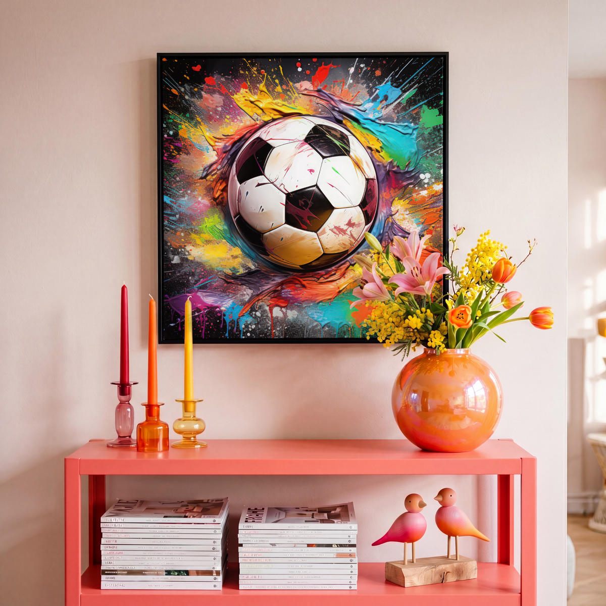 LEINWAND Bilder mit Rahmen - Fußball - Farbe - Farben - Schwarz - Weiß - 50x50 - Weiß, Textil (50/50cm) - MuchoWow