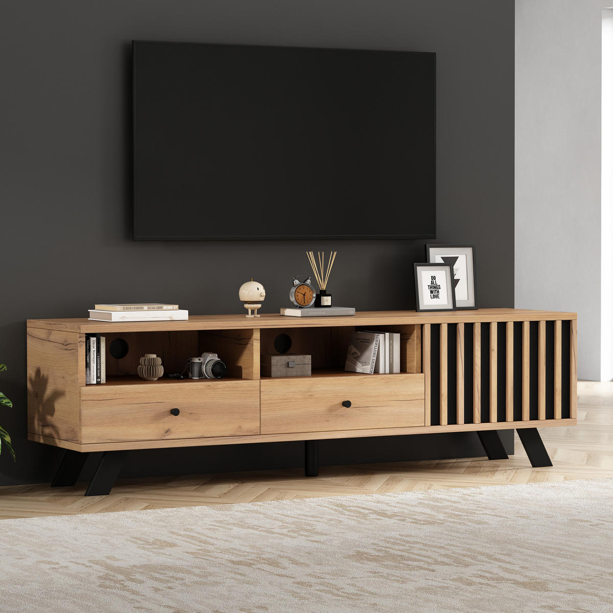 TV-LOWBOARD 150/38/44 cm mit 2 Schubladen und 1 Tür in Naturholz/Schwarz - Naturfarben, Holzwerkstoff (150/44/38cm) - BEAOK