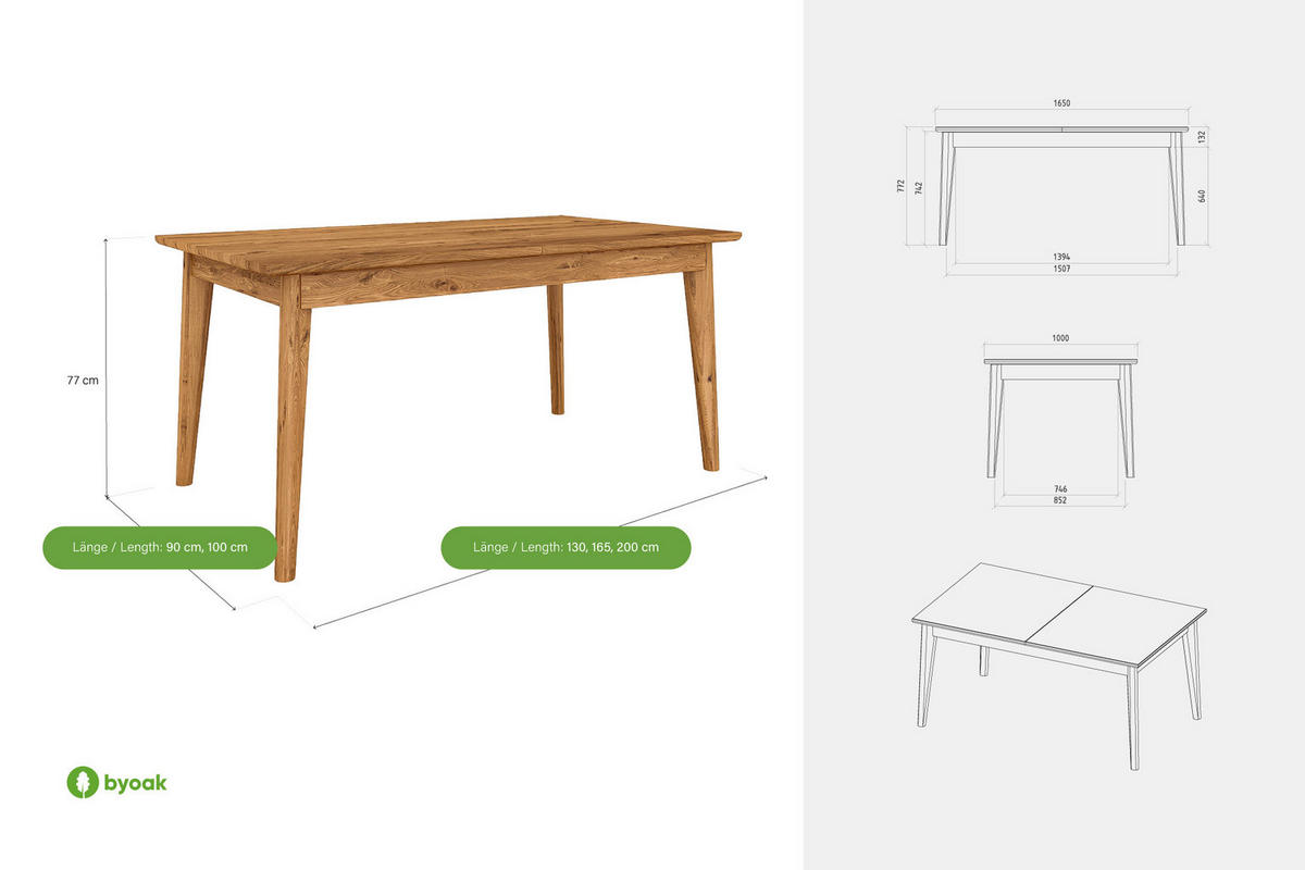 TISCH MIT SCHIEBEPLATTE GREG Wildeiche - Wildeiche, Holz (130/100/77cm) - byoak