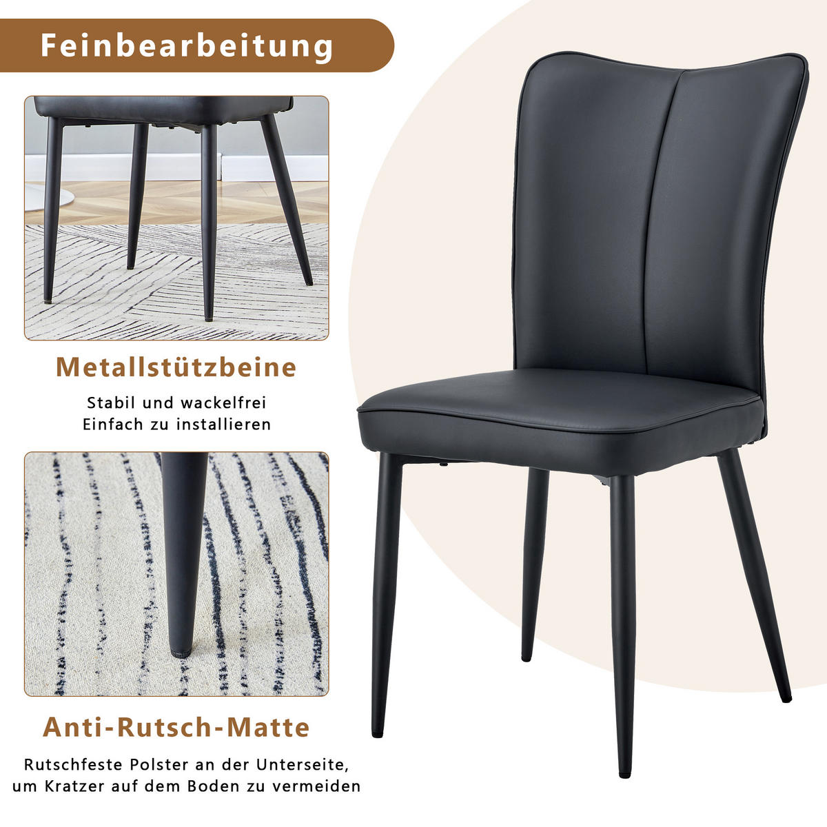 STUHL-SET DE-36516 2 Stück mit PU-Bezug und Metallbeinen Schwarz - Schwarz, Metall (44/89/45cm) - ComfortXL