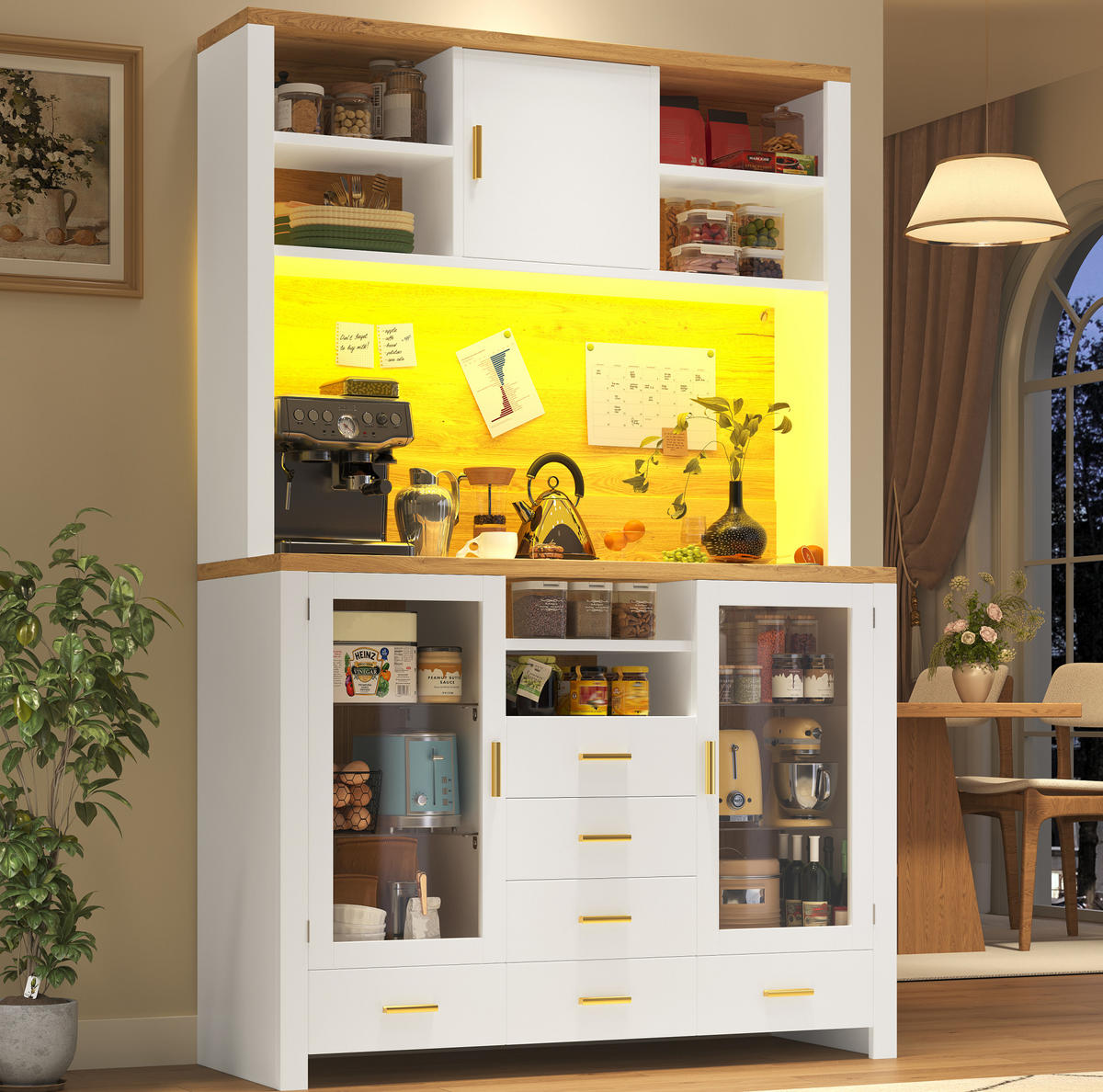 BUFFET 120/40/188 cm aus MDF und Glas mit LED-Lichtleiste Weiß mit Holzdekor - Weiß, Holzwerkstoff (120/188/40cm) - Modenvie