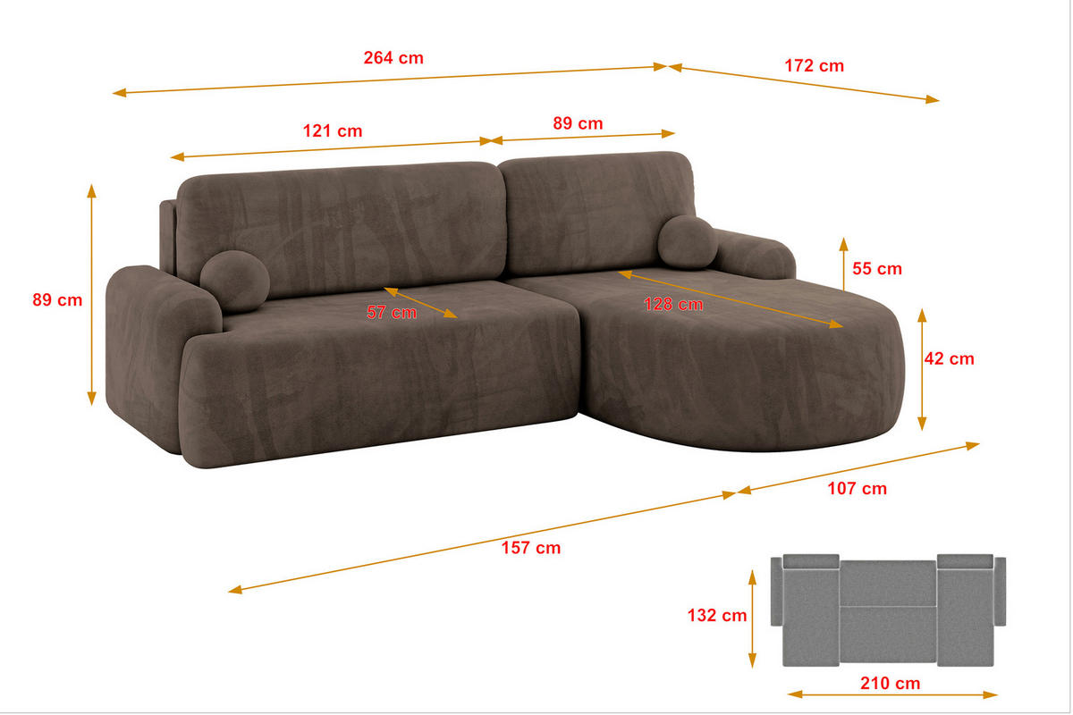 ECKSOFA mit Schlaffunktion und Bettkasten LIRA-L - 264x172x89 Braun - Braun, Holzwerkstoff/Textil (172/264cm) - ALTDECOR
