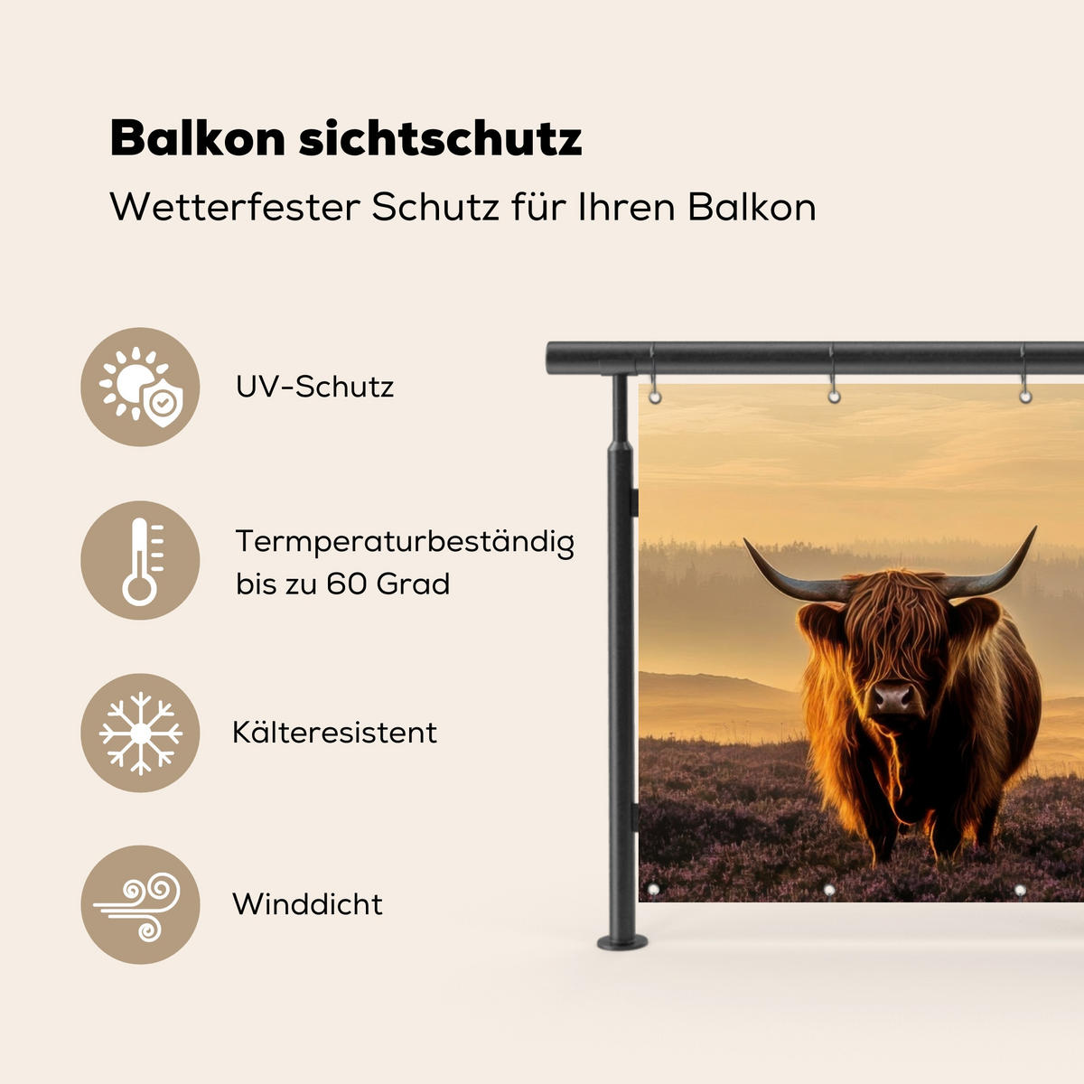BALKON-SICHTSCHUTZ Schottische Hochlandbewohner - Heide - Landschaft - Tiere - Cognac, Kunststoff (200/110cm) - MuchoWow