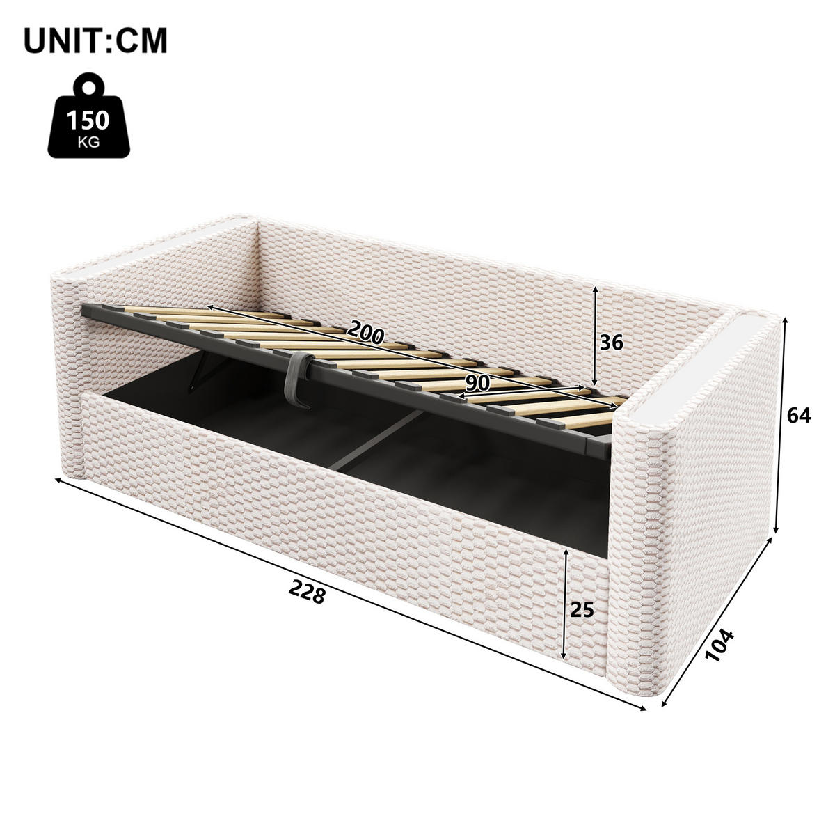 BETT 90/200 cm aus Samt in Beige mit LED-Beleuchtung und Stauraum - Beige, Textil (90/200cm) - Flora Grace