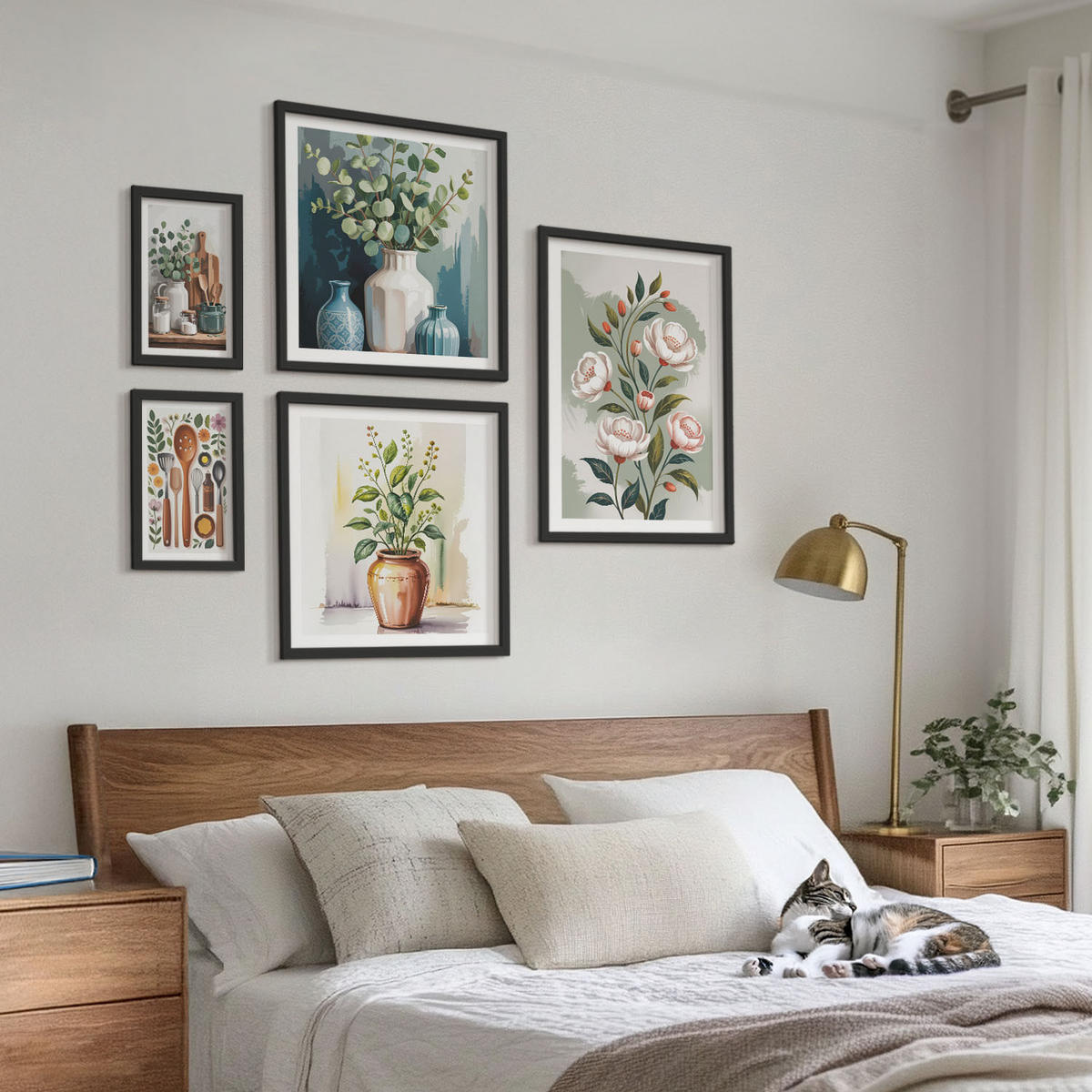 WANDBILDER 5er-Set - 50x50 cm & 20x30 cm & 40x60 cm Schwarzer Rahmen - Blumen und Früchte in Vasen - Schwarz, Kunststoff (40/60cm) - ArtPrintCave