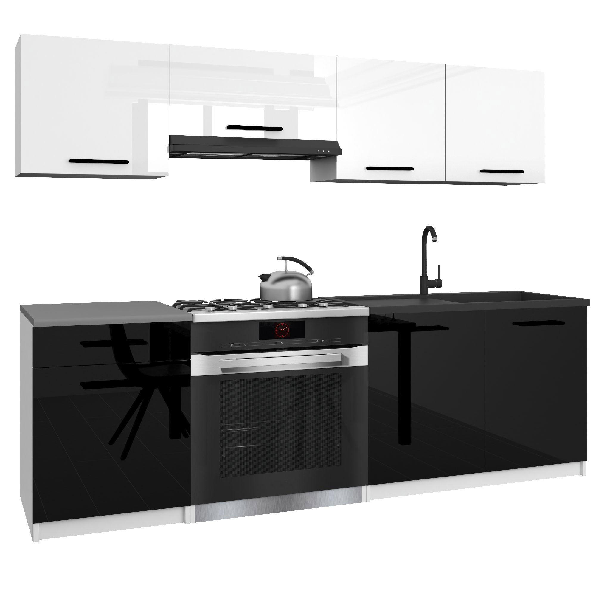 KÜCHENZEILE Italia 1 180 cm, mit Arbeitsplatten, Weiß-Schwarz Hochglanz - Schwarz Hochglanz/Weiß, Holz (180/143/60cm) - B BELINI GROUP