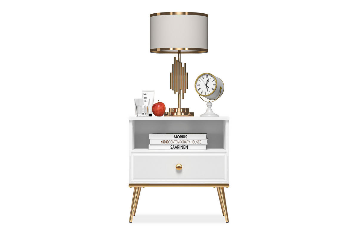NACHTTISCH ISORIA mit Goldelementen, Glas Weiß - Goldfarben/Weiß, Holz/Metall (50/53/34cm) - KONSIMO®