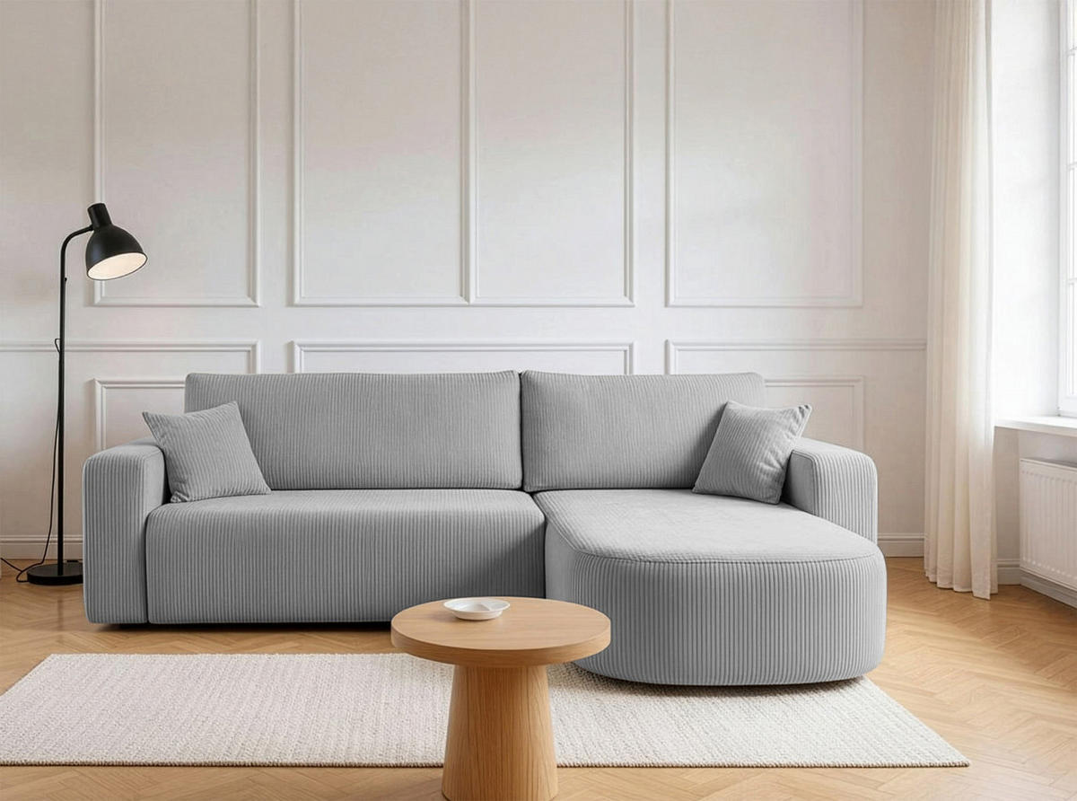 ECKSOFA mit Schlaffunktion Teeo L-Form universal mit Bettkasten Hellgrau Cord - Hellgrau/Schwarz, Kunststoff/Textil (275/170cm) - Homebook