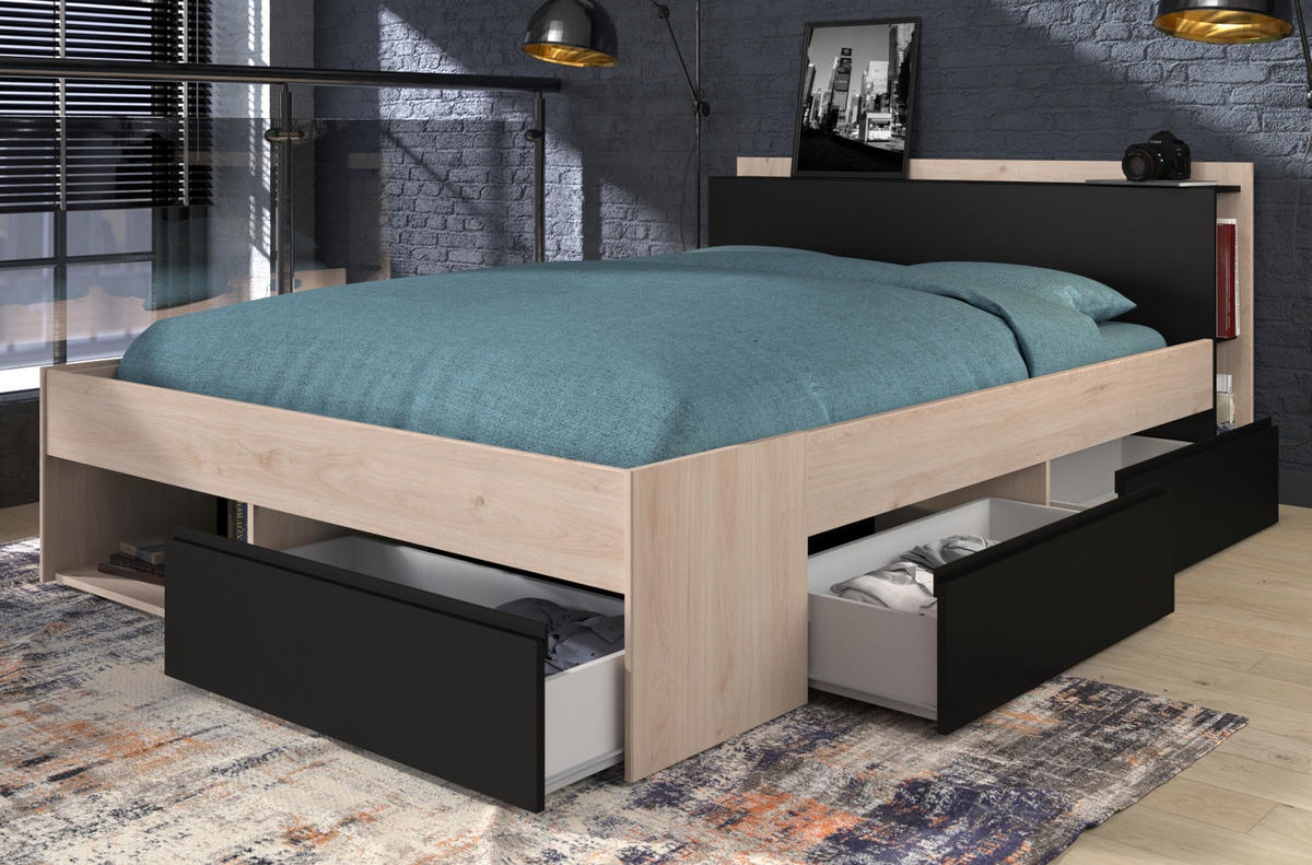 BETT mit Regal 3 x Schubkasten Stauraumbett 160 x 200 cm - Eichefarben/Schwarz, Holzwerkstoff (160/200cm) - Parisot Meuble