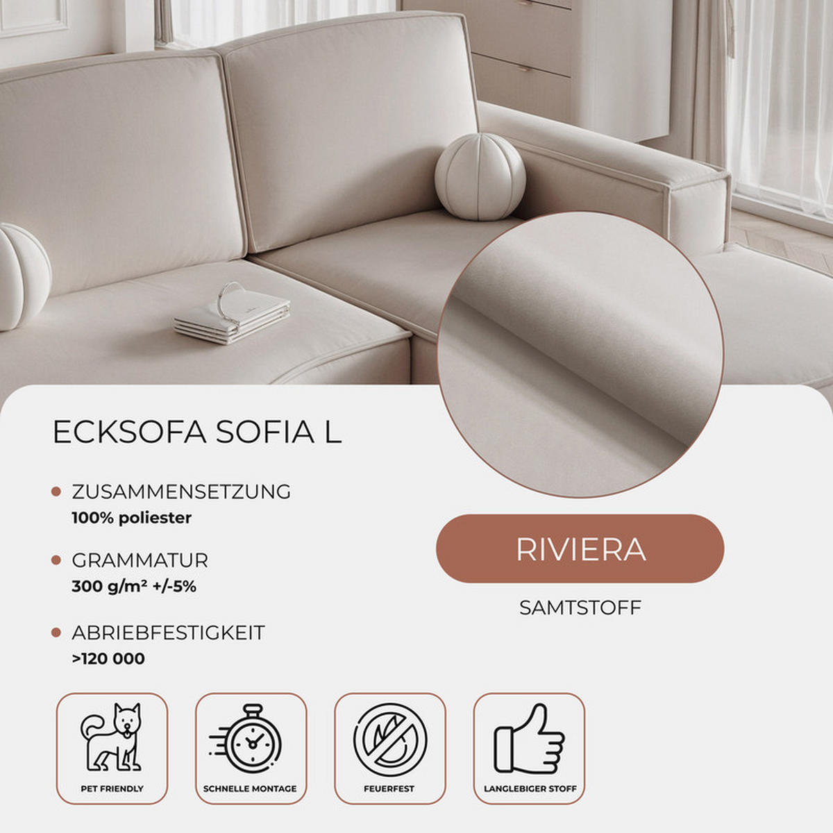 ECKSOFA SOFIA Veloursstoff in Beige - Beige, Holzwerkstoff/Kunststoff (210/157cm) - Idohome