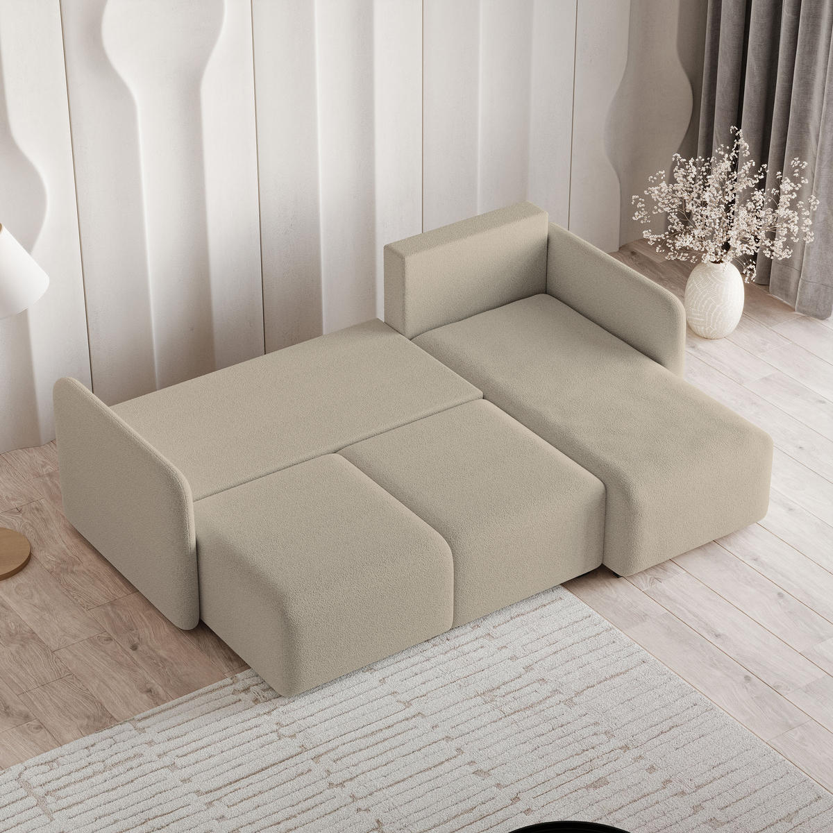 ECKSOFA SUVINO Beige Boucle-Stoff mit Schlaffunktion - Beige, Holz (230/143cm) - MASSENO