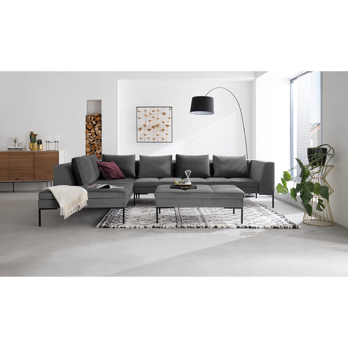 ECKSOFA mit Ottomane - Schwarz/Grau, Textil/Metall (319/230cm) - home24