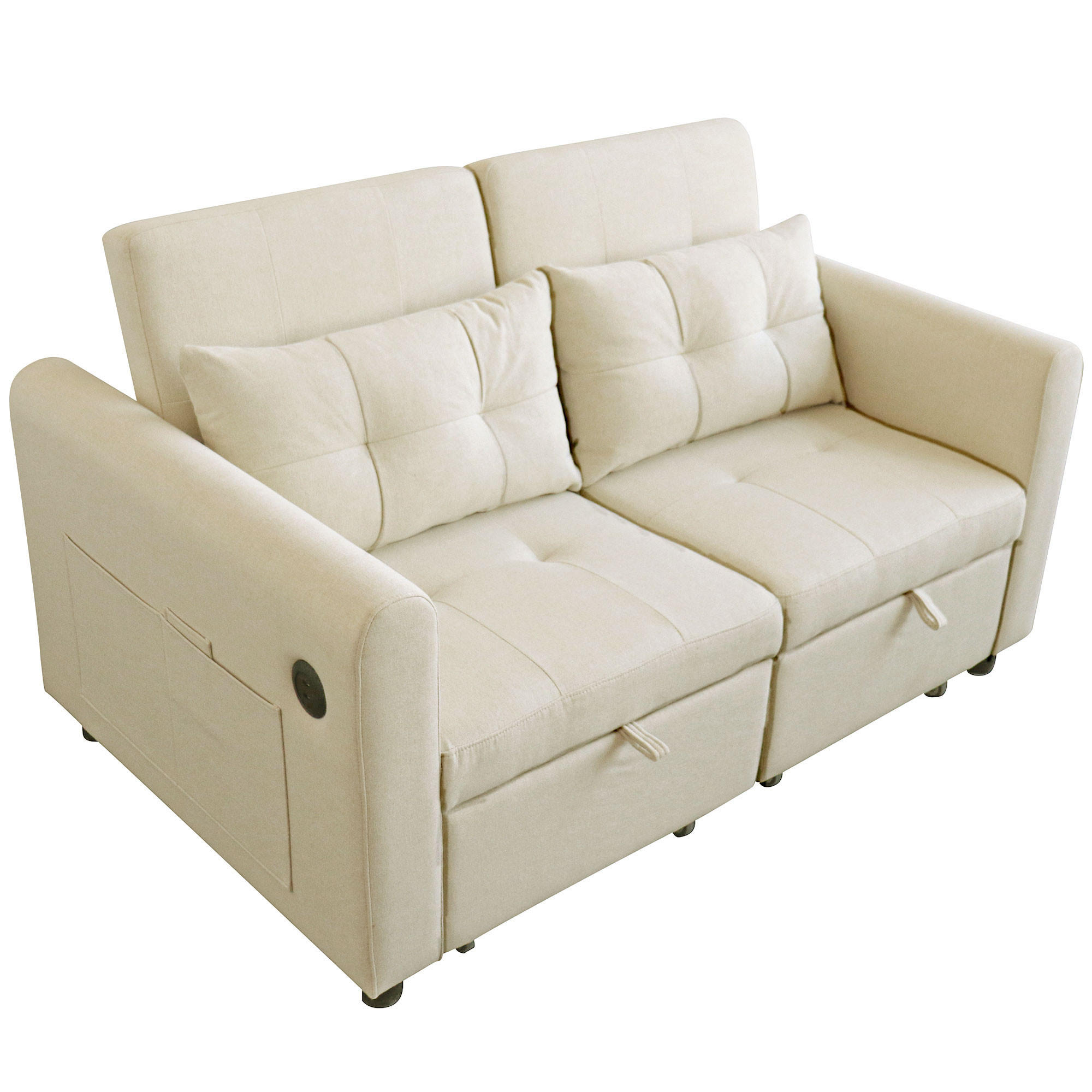 SCHLAFSOFA 142/85/83 cm Beige mit USB, Armlehnentaschen und Kissen - Beige, Textil (142/83/85cm) - Oxeza