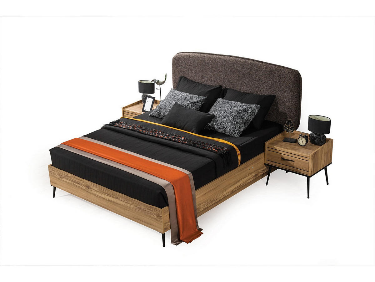 BETTANLAGE CIZGI Schlafzimmer-Set, 4-teilig, Eiche, Bett mit Kopfteil 2 Nachttischen und Kleiderschrank - Eichefarben, Holzwerkstoff (160/200cm)