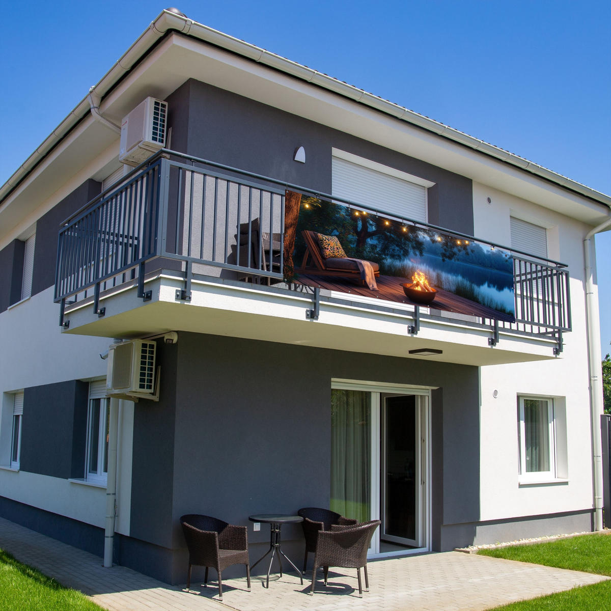 BALKON-SICHTSCHUTZ Lagerfeuer - See - Abendlicht - Dunkelblau, Kunststoff (300/100cm) - MuchoWow