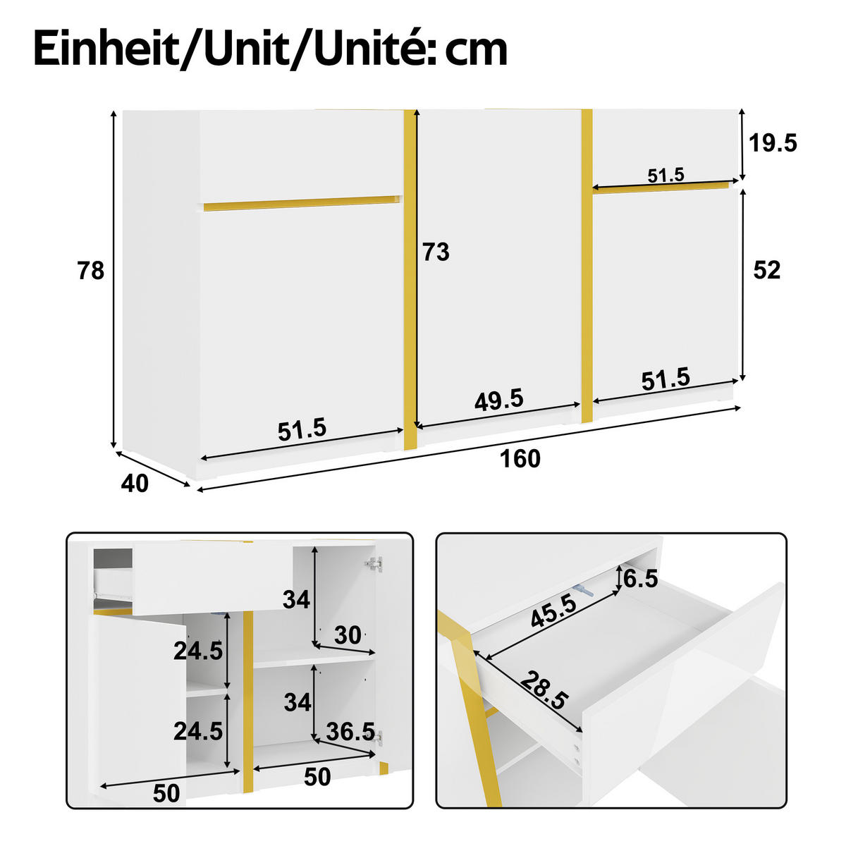 SIDEBOARD Hochglanz 3 Türen 2 Schubladen modern - Weiß, Holz (160/78/40cm) - LEBENLANG