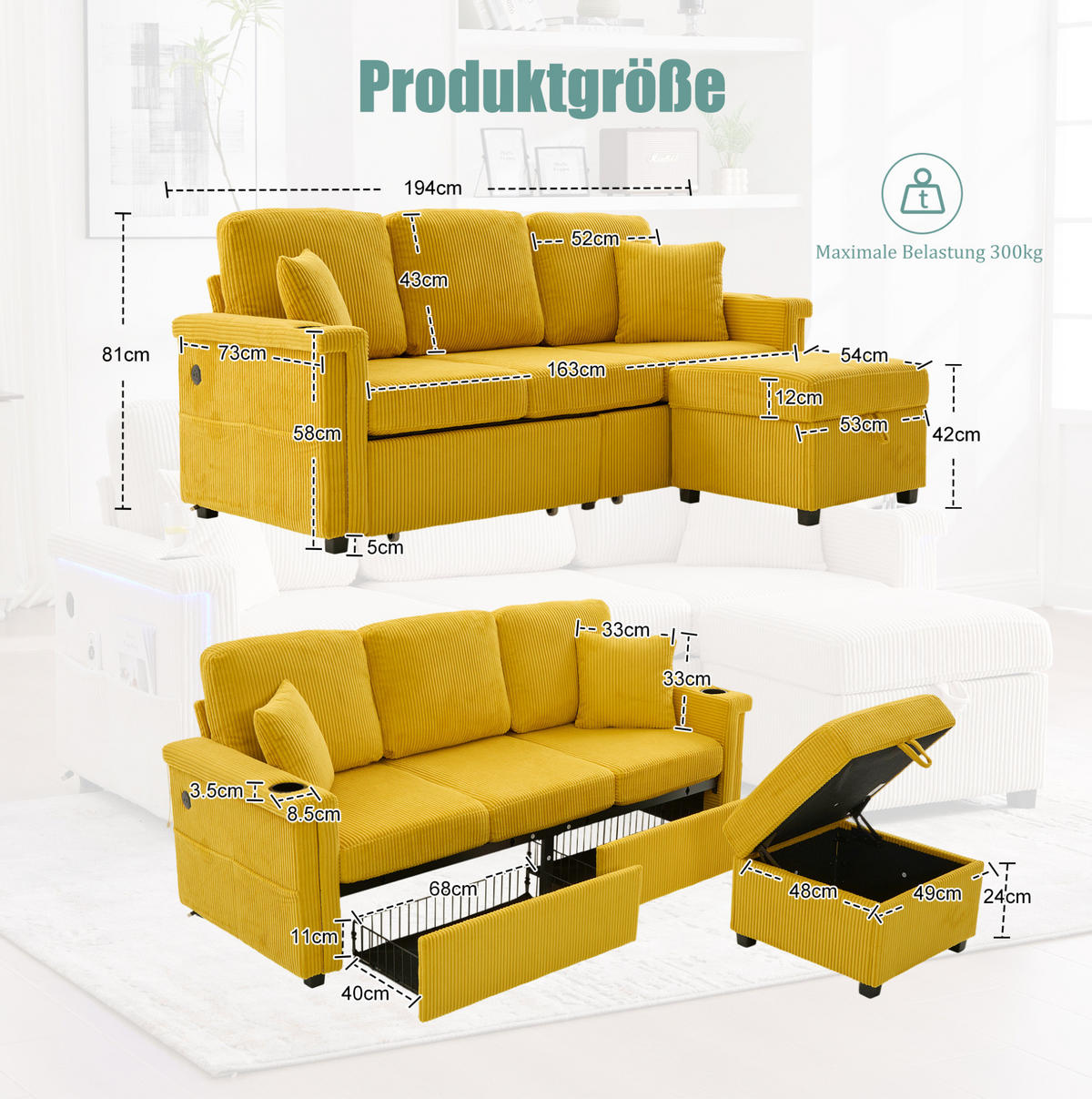 SOFA mit LED und USB/Type-C 194 x 73 x 81 cm Mustard Yellow - Gelb, Kunststoff (194/81/73cm) - Meubliv