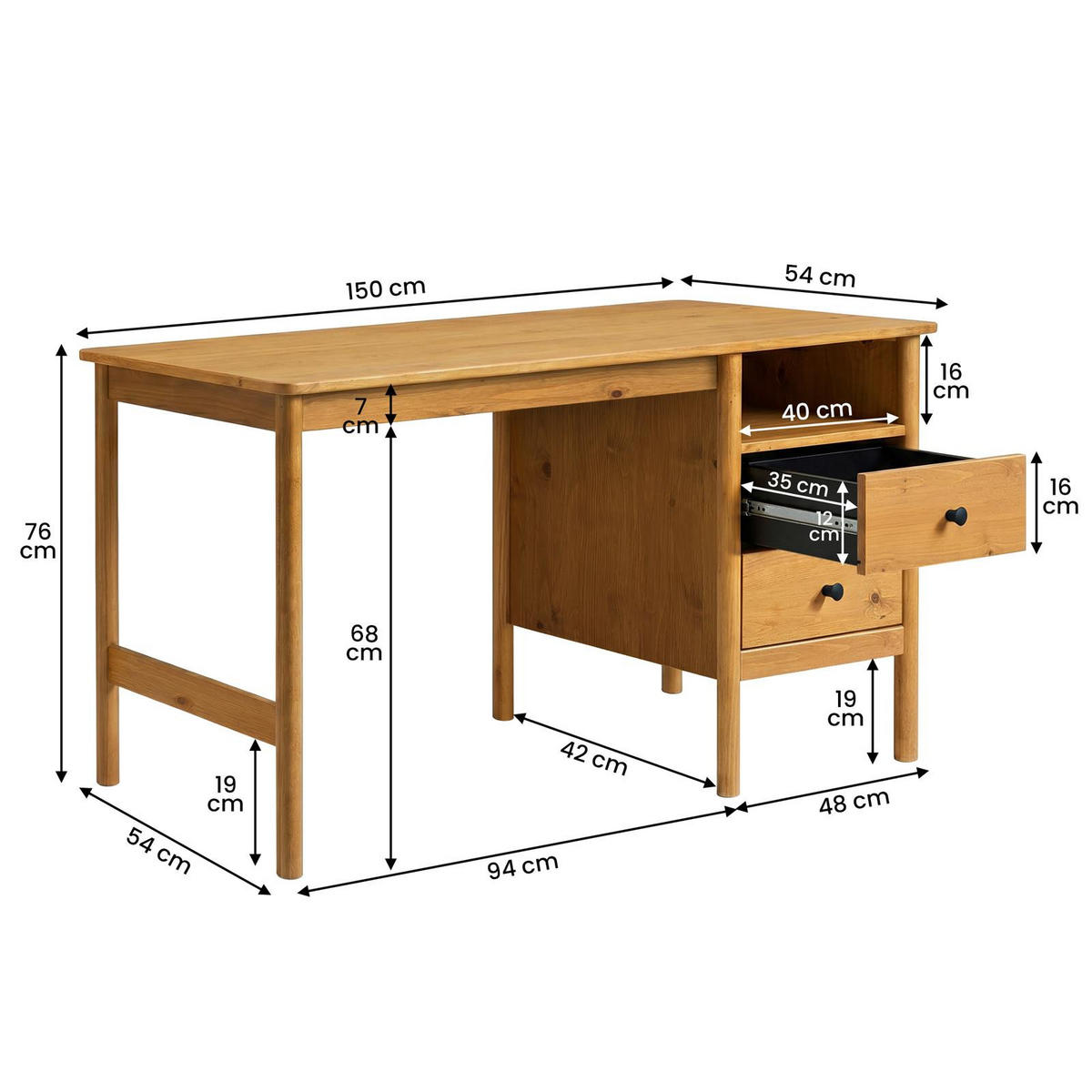 SCHREIBTISCH BOSSA Eiche - Eichefarben, Holz (54/150/76cm) - IDIMEX