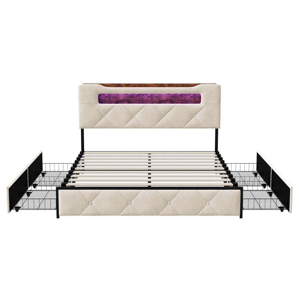 POLSTERBETT 160x200 cm - Doppelbett mit Stauraumkopfteil - 4 Schubladen und LED-Beleuchtung - ohne Matratze - Beige - Beige, Textil (160/200cm) - DELFA