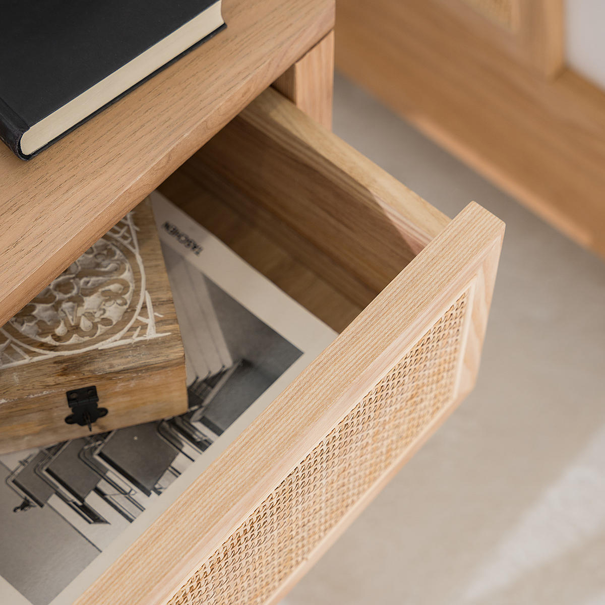 NACHTTISCH - Rattan / Eiche teilmassiv - Beige, Naturmaterialien (45/60/35cm) - home24